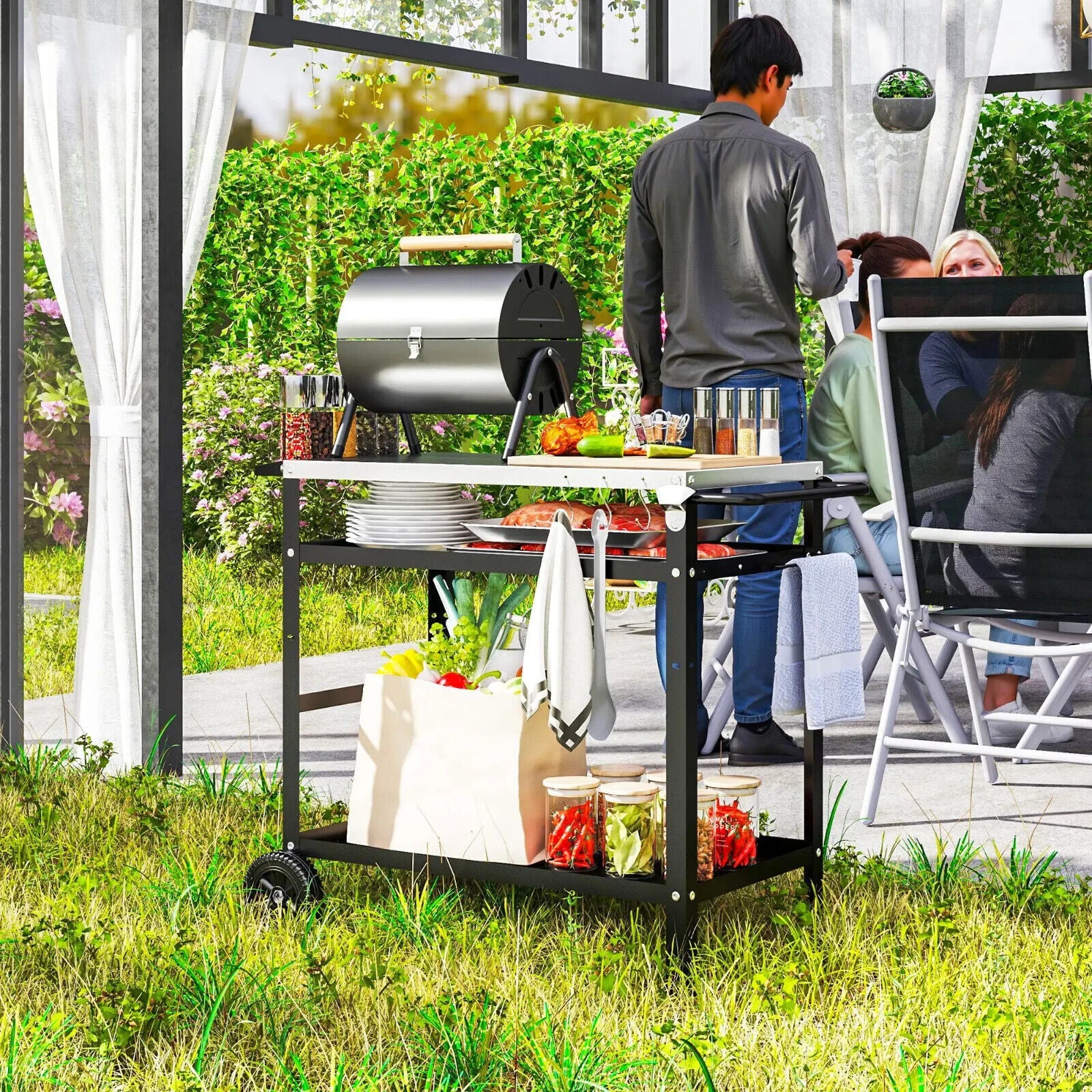 BBQ Trolley with Stainless Steel Top Adjustable Shelf Outdoor Kitchen Station - Home and Garden Furniture Shop - #rustic - furniture#
