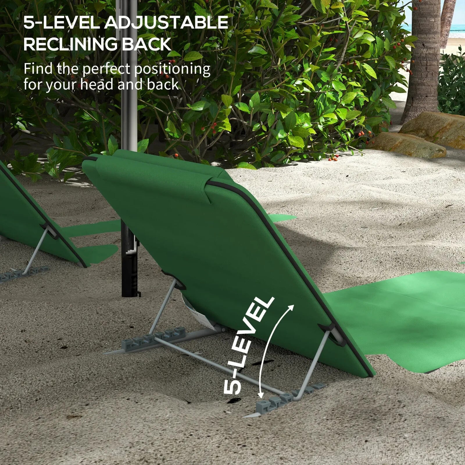 Beach Mat Chairs Set 2 - PCS w/ Padded Pillow & 5 - Level Adjustable Backrest Green - Home and Garden Furniture Shop - rustic - furniture