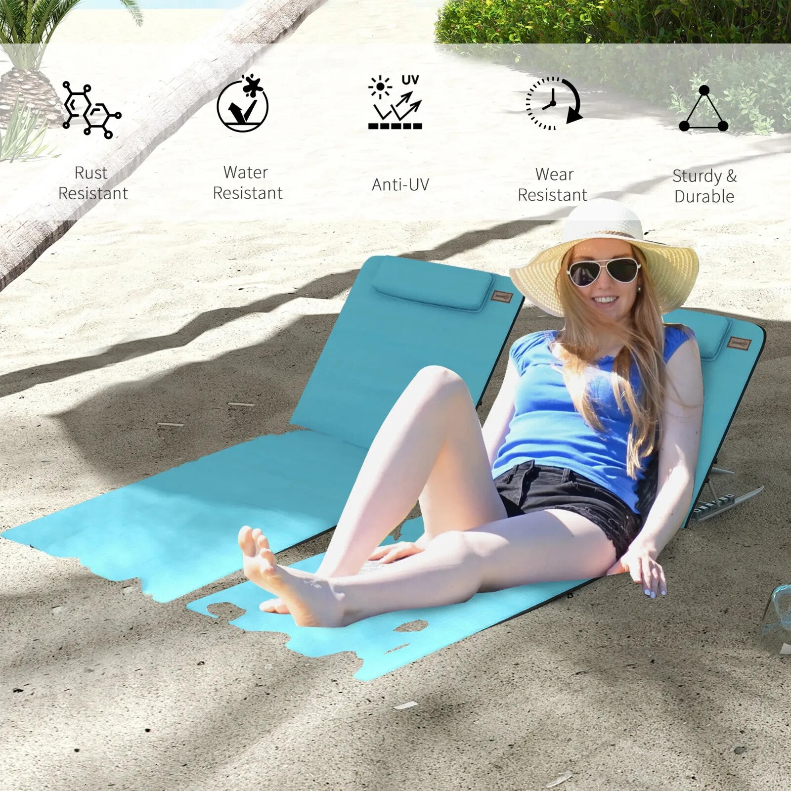 Beach Mat Chairs Set 2 - PCS with Pillow & 5 - Level Adjustable Backrest Sky Blue - Home and Garden Furniture Shop - rustic - furniture