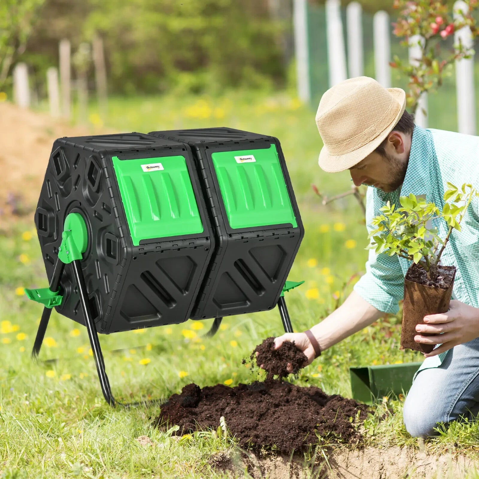 Bin Dual Composter 360° Rotating Chamber Steel Frame w/ Ventilation Holes Black - Home and Garden Furniture Shop - rustic - furniture