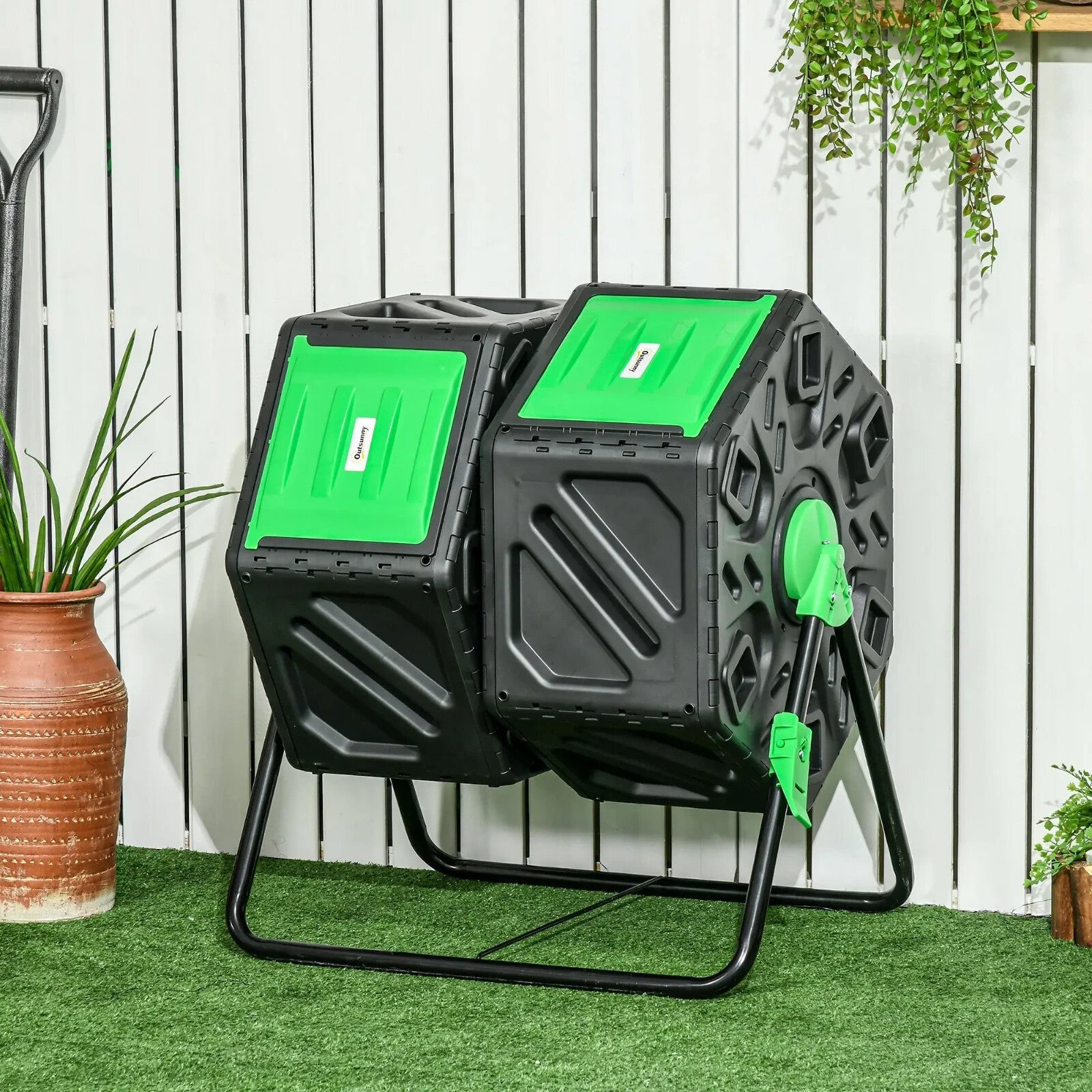 Bin Dual Composter 360° Rotating Chamber Steel Frame w/ Ventilation Holes Black - Home and Garden Furniture Shop - rustic - furniture