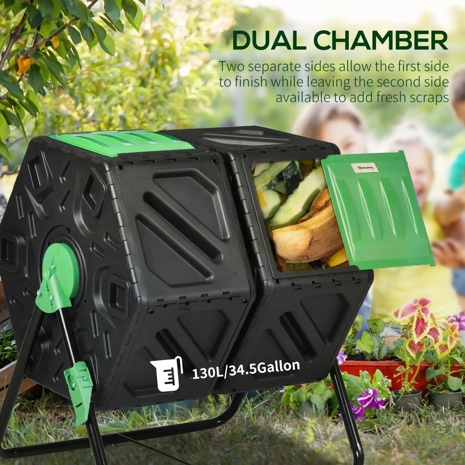 Bin Dual Composter 360° Rotating Chamber Steel Frame w/ Ventilation Holes Black - Home and Garden Furniture Shop - rustic - furniture
