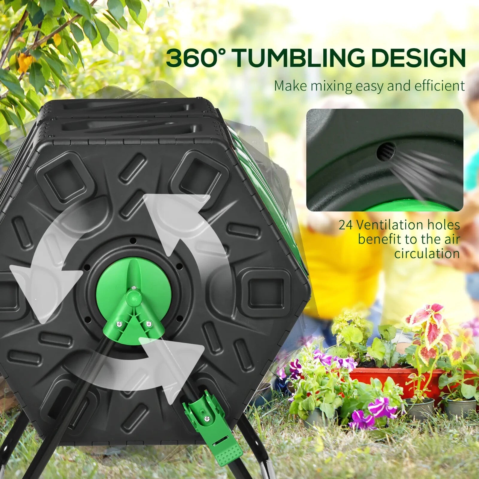 Bin Dual Composter 360° Rotating Chamber Steel Frame w/ Ventilation Holes Black - Home and Garden Furniture Shop - rustic - furniture
