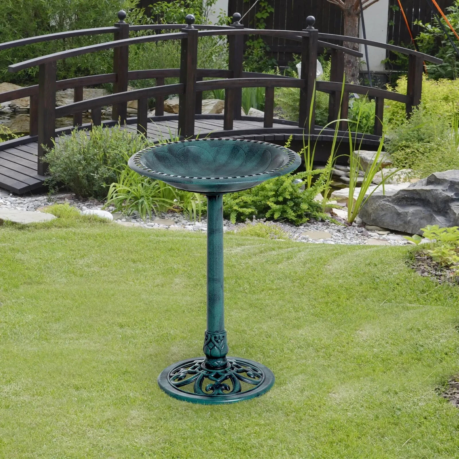 Bird Bath Fountain Decorative Feeder Stand With Scallop - Like Pattern Green - Home and Garden Furniture Shop - rustic - furniture
