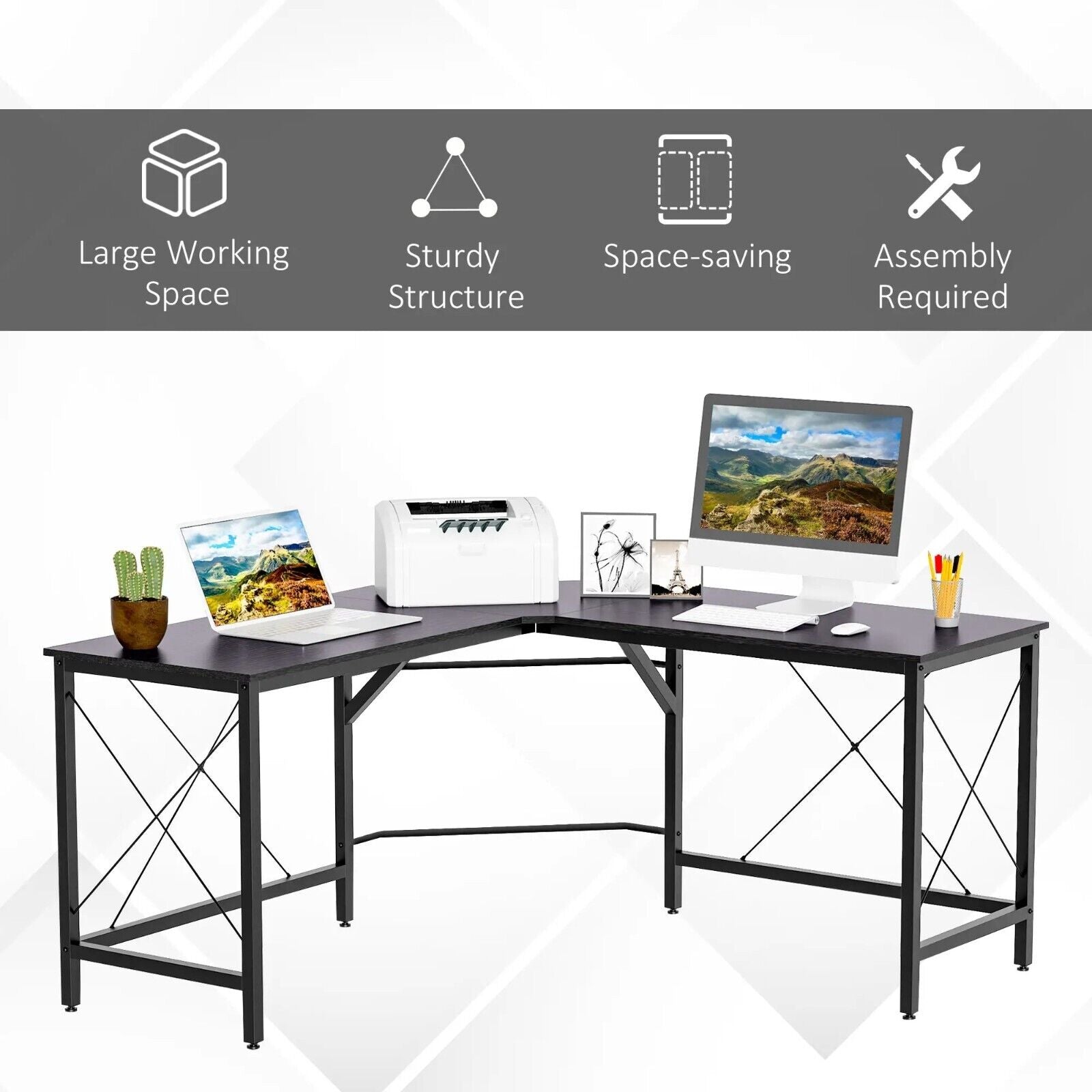 Black Corner L - Shape Desk Home Office Gaming Computer Desk PC Workstation Table - Home and Garden Furniture Shop - rustic - furniture