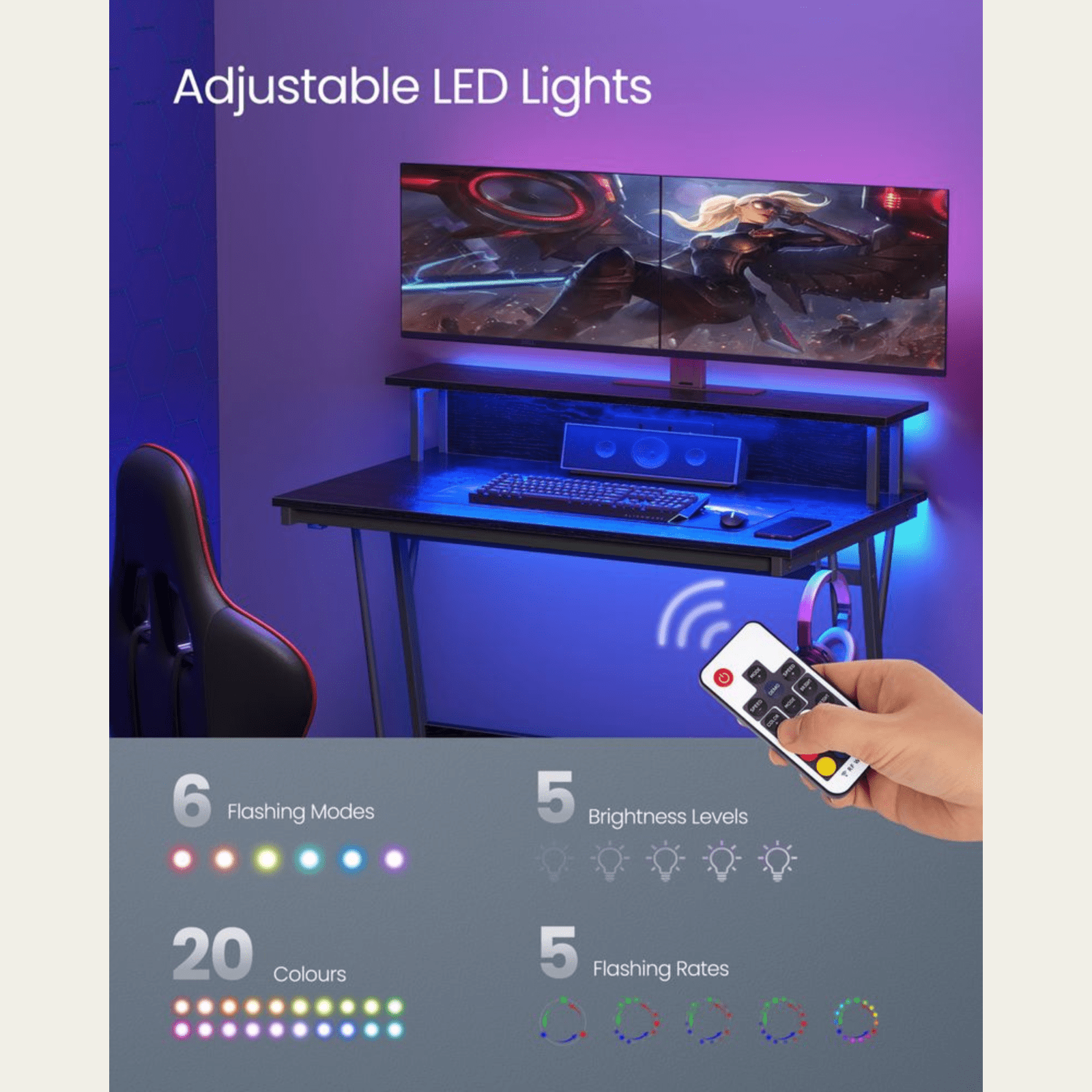 Black LED Ergonomic Gaming Desk Monitor Stand Plug Sockets USB Computer Table - Home and Garden Furniture Shop - rustic - furniture