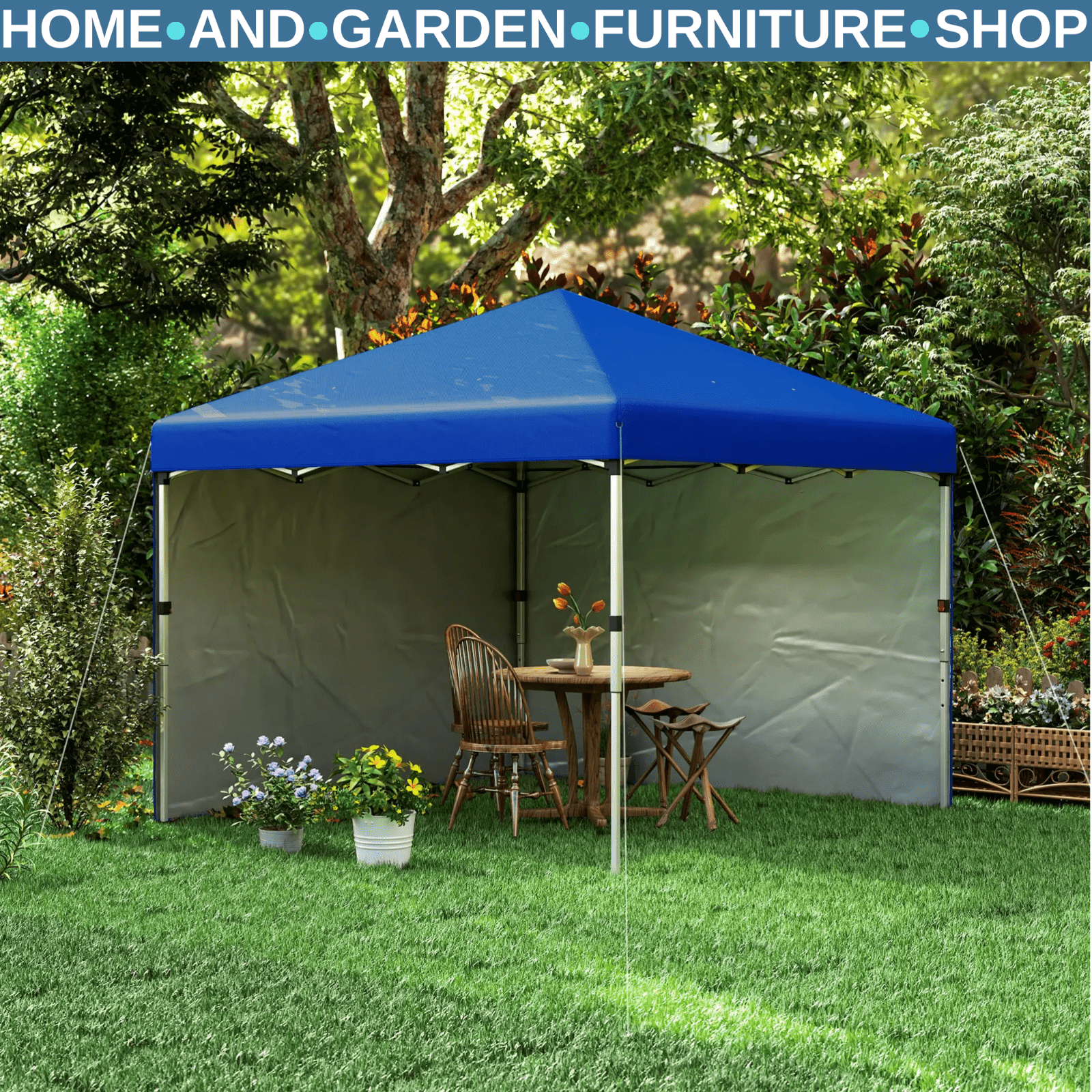 Blue Pop Up Gazebo Party Tent w/ 2 Sidewalls Weight Bags 3m Garden Shelter Cover - Home and Garden Furniture Shop - #rustic - furniture#