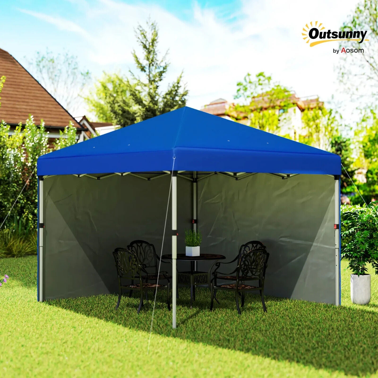 Blue Pop Up Gazebo Party Tent w/ 2 Sidewalls Weight Bags 3m Garden Shelter Cover - Home and Garden Furniture Shop - #rustic - furniture#