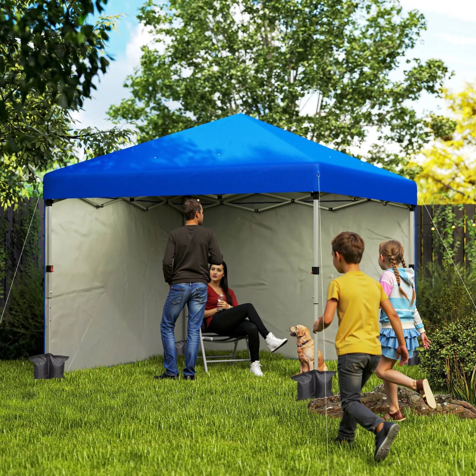 Blue Pop Up Gazebo Party Tent w/ 2 Sidewalls Weight Bags 3m Garden Shelter Cover - Home and Garden Furniture Shop - #rustic - furniture#