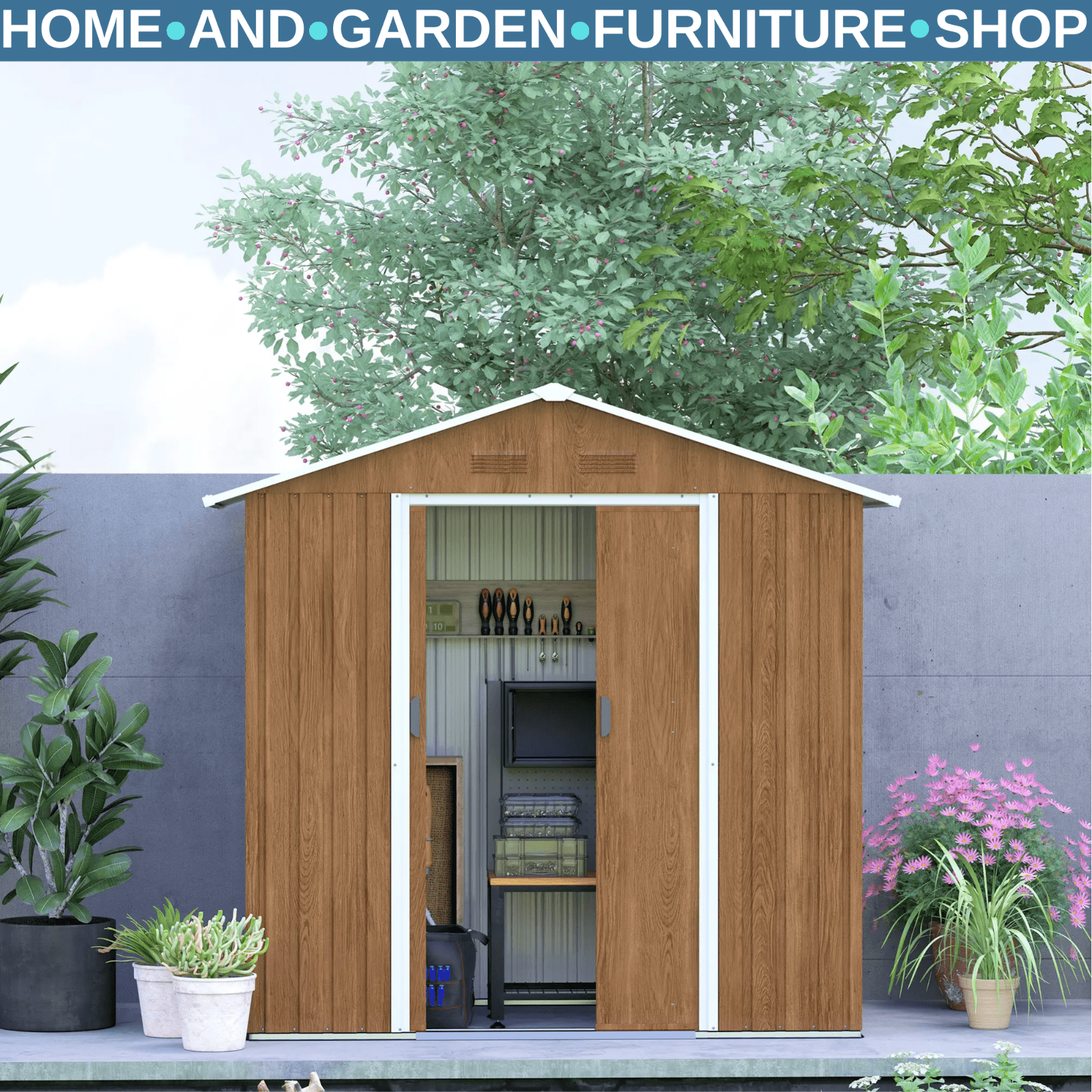Brown Metal Garden Storage Shed 6.5x3.5ft with Sliding Doors Patio Tool Workshop - Home and Garden Furniture Shop - #rustic - furniture#