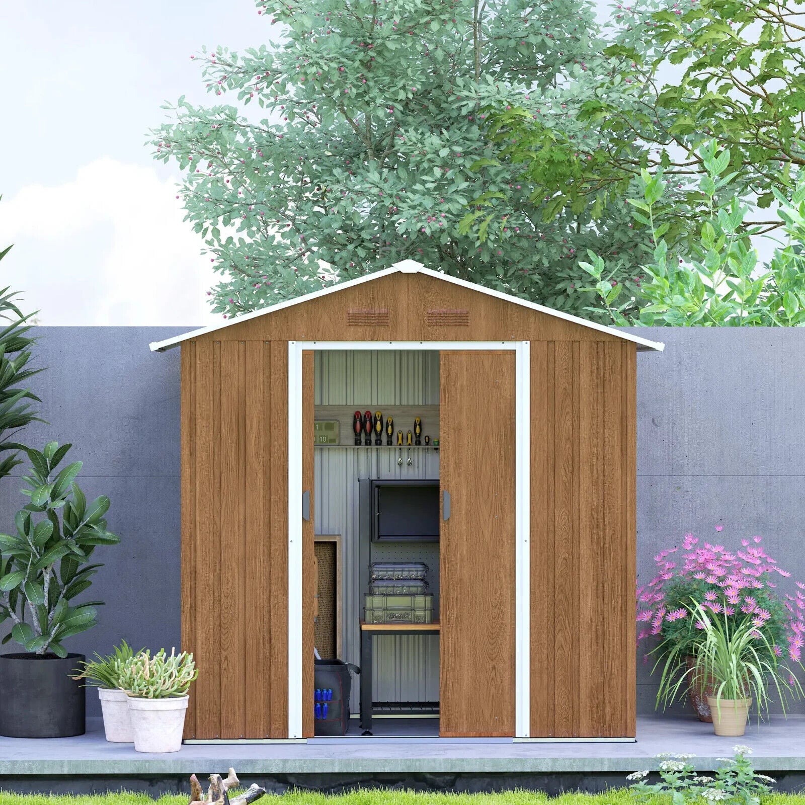 Brown Metal Garden Storage Shed 6.5x3.5ft with Sliding Doors Patio Tool Workshop - Home and Garden Furniture Shop - #rustic - furniture#