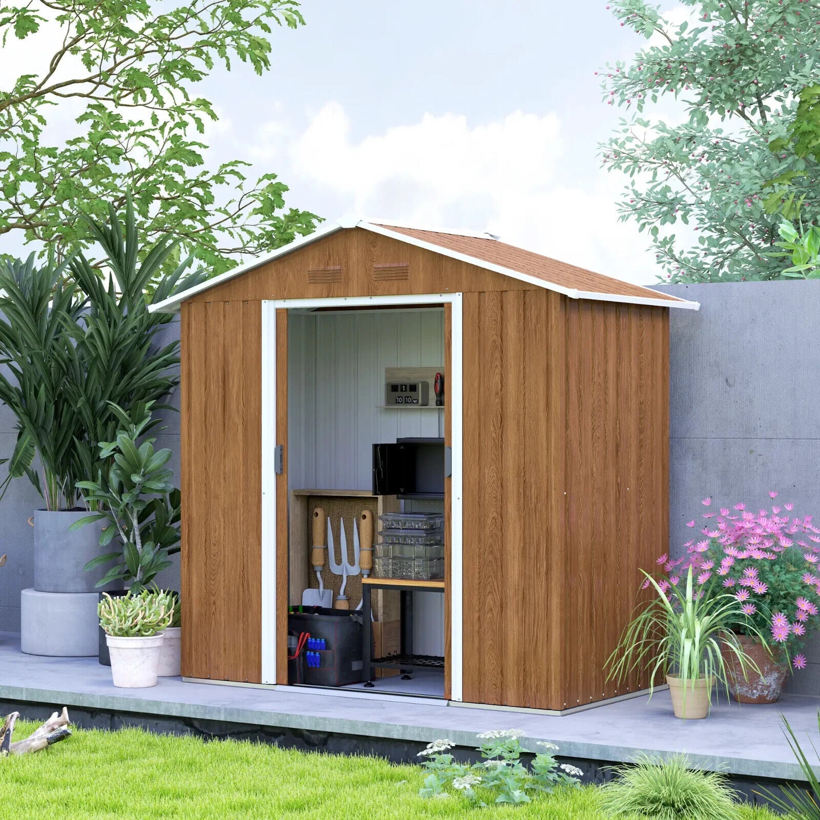 Brown Metal Garden Storage Shed 6.5x3.5ft with Sliding Doors Patio Tool Workshop - Home and Garden Furniture Shop - #rustic - furniture#