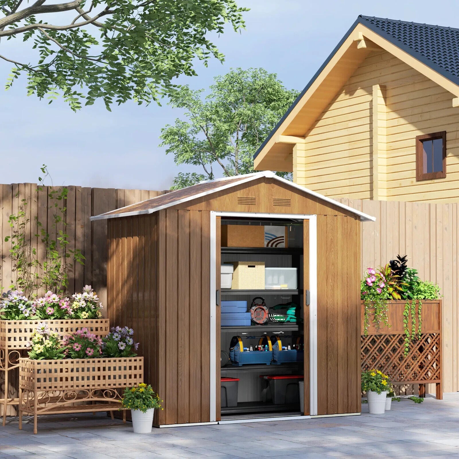 Brown Metal Garden Storage Shed 6.5x3.5ft with Sliding Doors Patio Tool Workshop - Home and Garden Furniture Shop - #rustic - furniture#