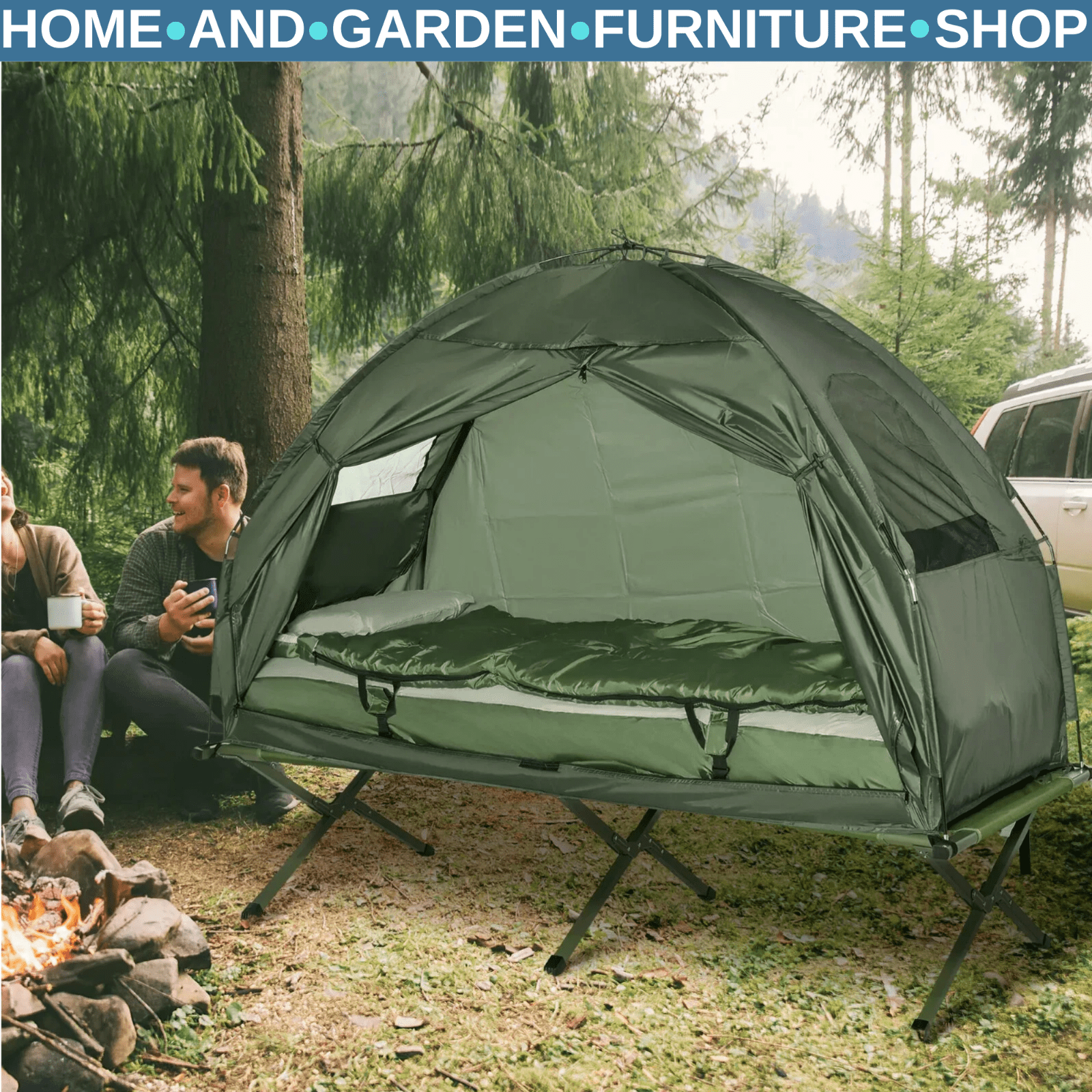 Camping Tent Foldable Hiking Bed Sleeping Bag Cot with Layer Windows Army Green - Home and Garden Furniture Shop - rustic - furniture