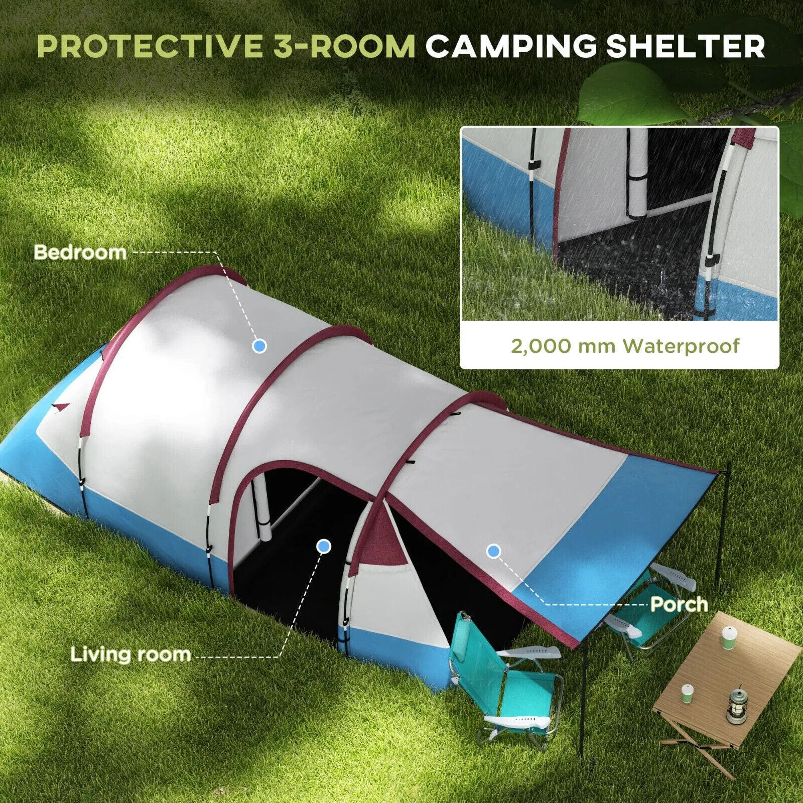Camping Tunnel Tent w/ Bedroom Living Area Waterproof Bag for 2 to 3 Person Use - Home and Garden Furniture Shop - #rustic - furniture#