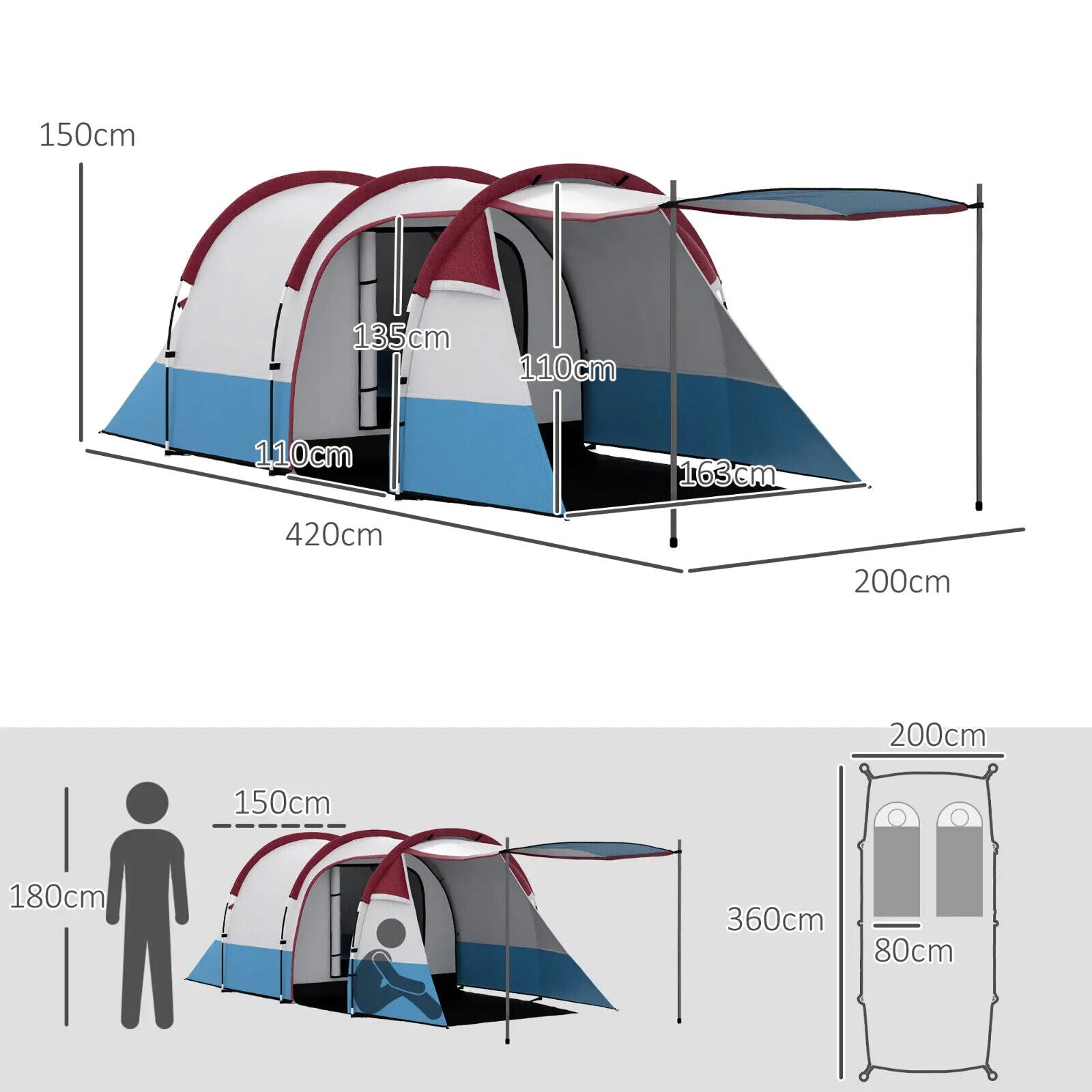 Camping Tunnel Tent w/ Bedroom Living Area Waterproof Bag for 2 to 3 Person Use - Home and Garden Furniture Shop - #rustic - furniture#
