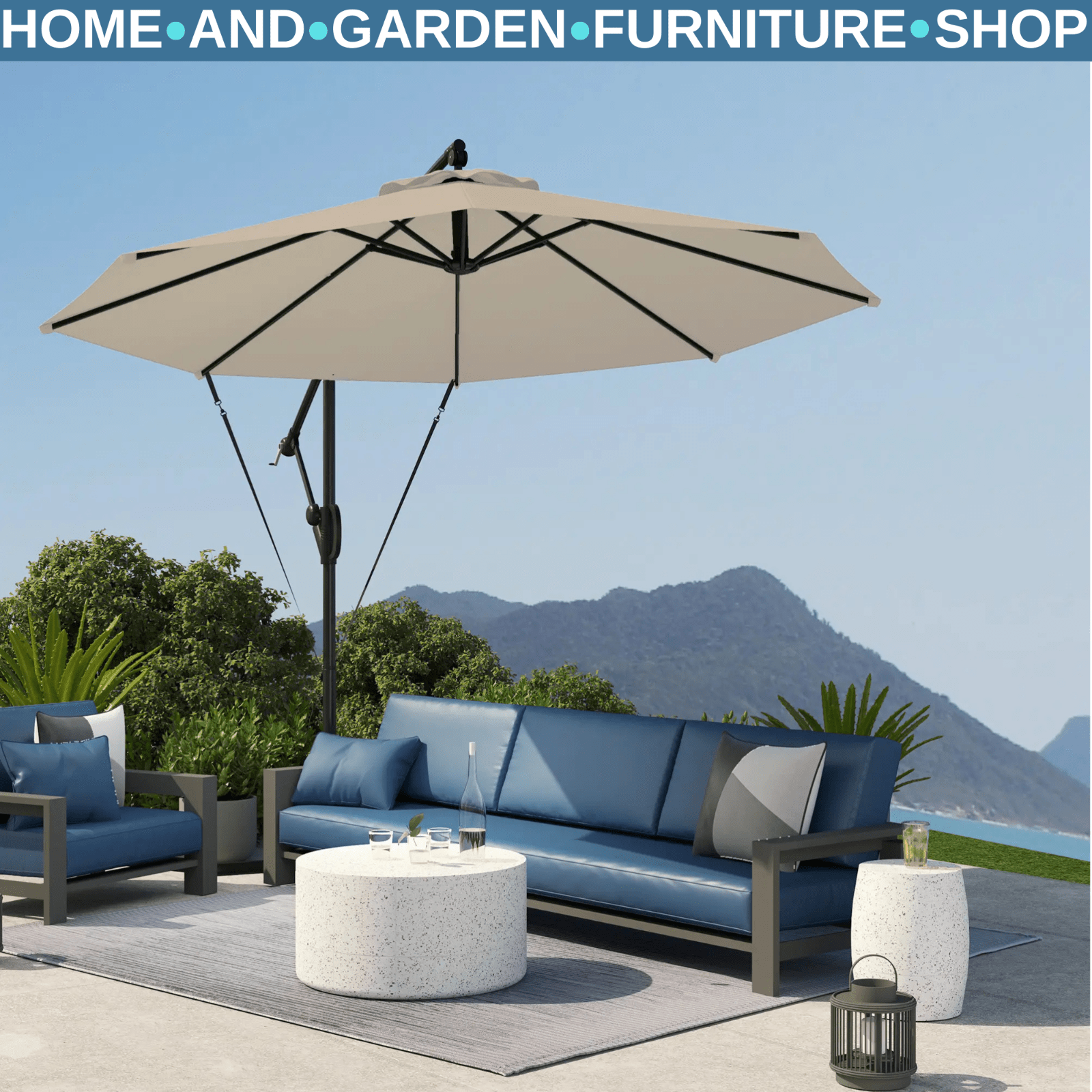 Cantilever Garden Parasol w/ Cover Wind Strap Round Overhanging Umbrella Crank - Home and Garden Furniture Shop - #rustic - furniture#