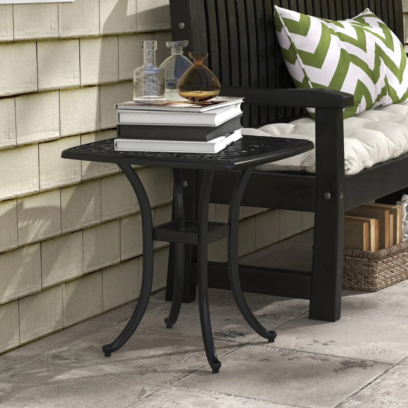 Cast Aluminium Bistro Table Square Outdoor Garden with Umbrella Hole Black - Home and Garden Furniture Shop - #rustic - furniture#