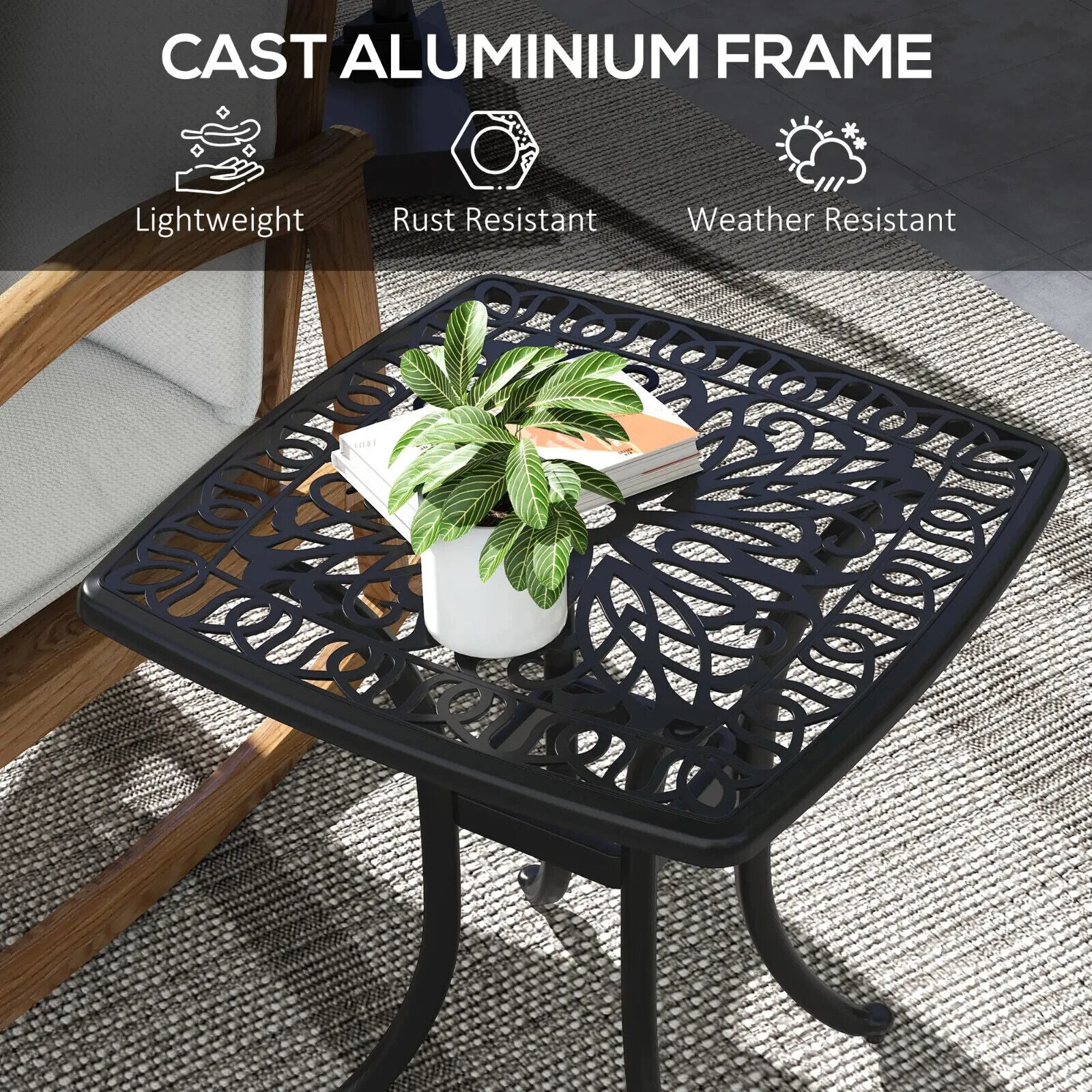 Cast Aluminium Bistro Table Square Outdoor Garden with Umbrella Hole Black - Home and Garden Furniture Shop - #rustic - furniture#