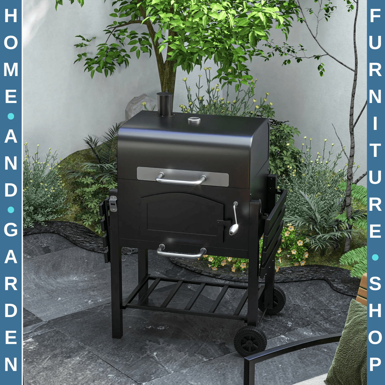 Charcoal Barbecue Grill Trolley Smoker with Adjustable Shelves & Lid Thermometer - Home and Garden Furniture Shop - rustic - furniture