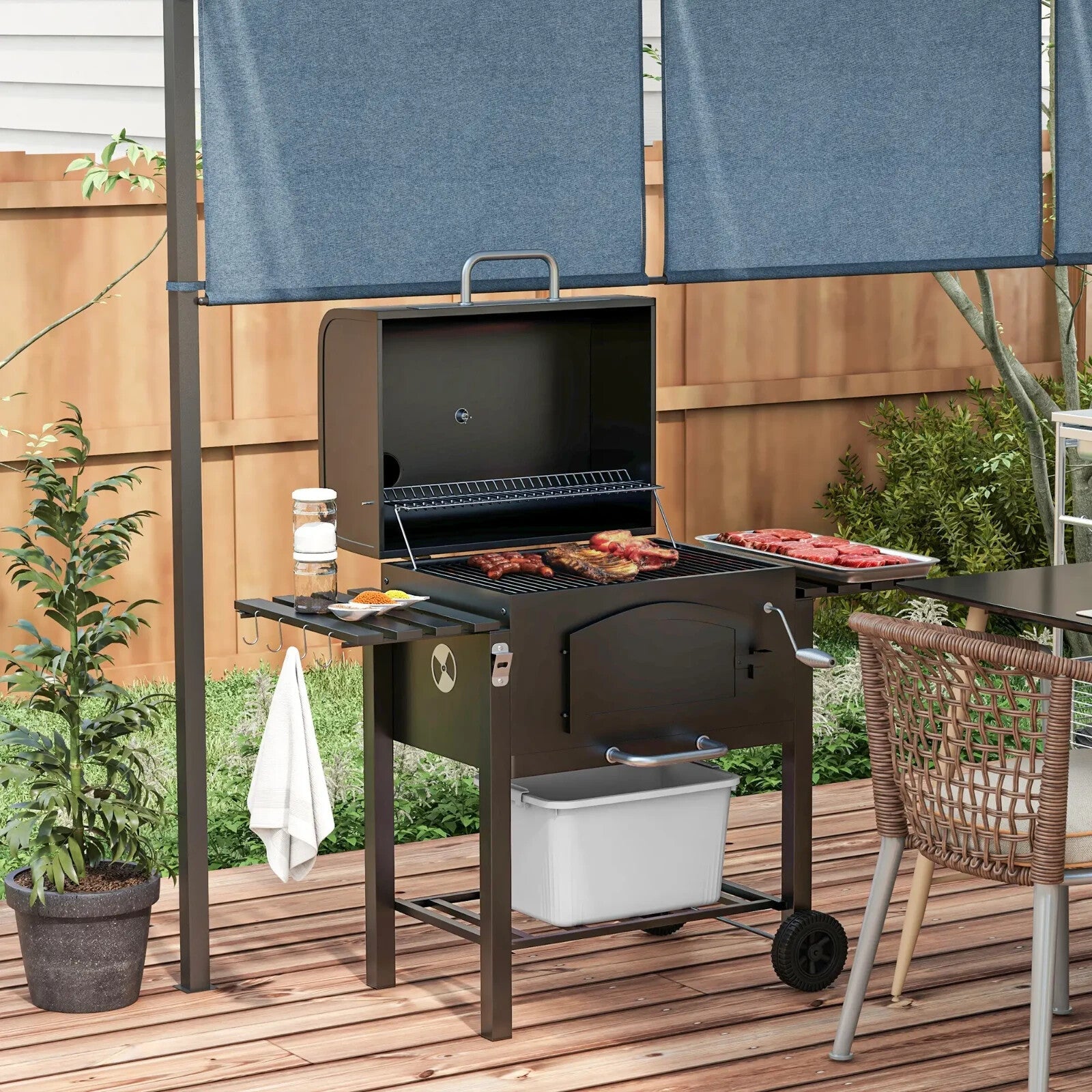Charcoal Barbecue Grill Trolley Smoker with Adjustable Shelves & Lid Thermometer - Home and Garden Furniture Shop - rustic - furniture