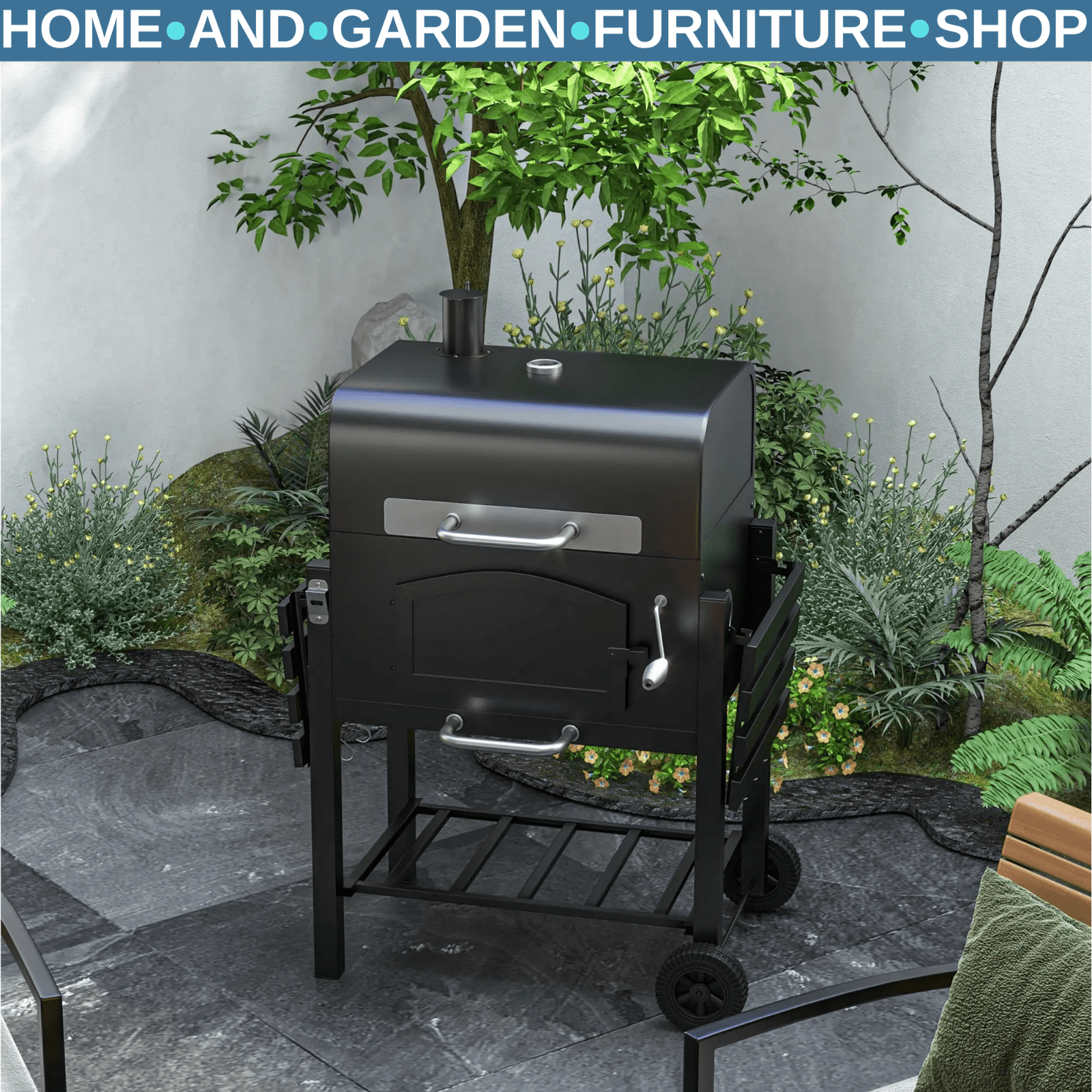 Charcoal Barbecue Grill Trolley Smoker with Adjustable Shelves & Lid Thermometer - Home and Garden Furniture Shop - rustic - furniture