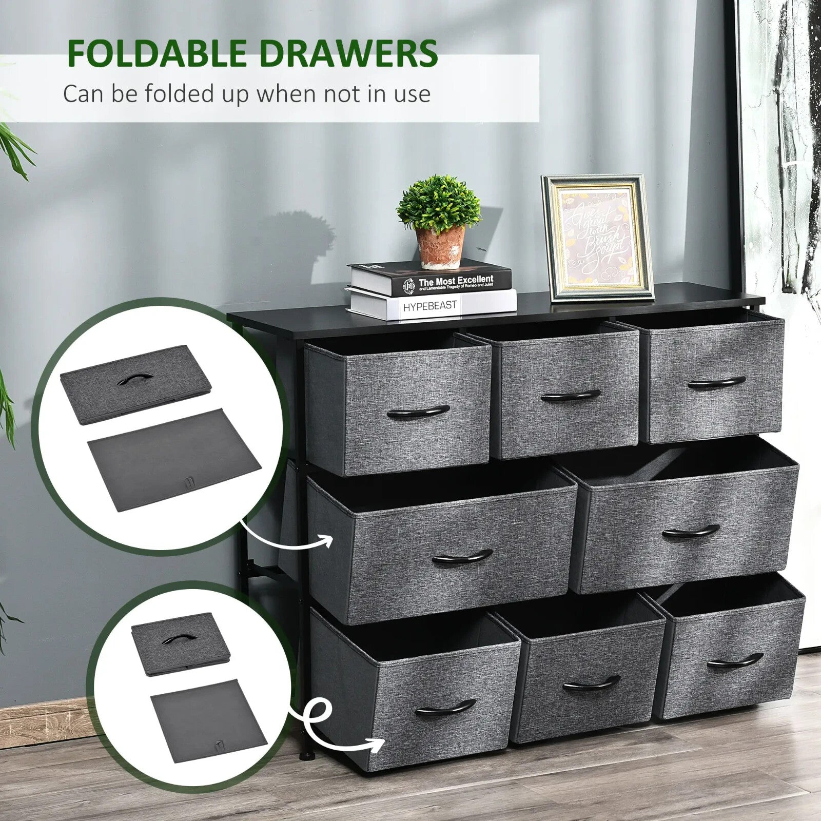 Chest of Drawers 8 Foldable Storage Unit Powder Coated Steel Frame Dark Grey - Home and Garden Furniture Shop - rustic - furniture