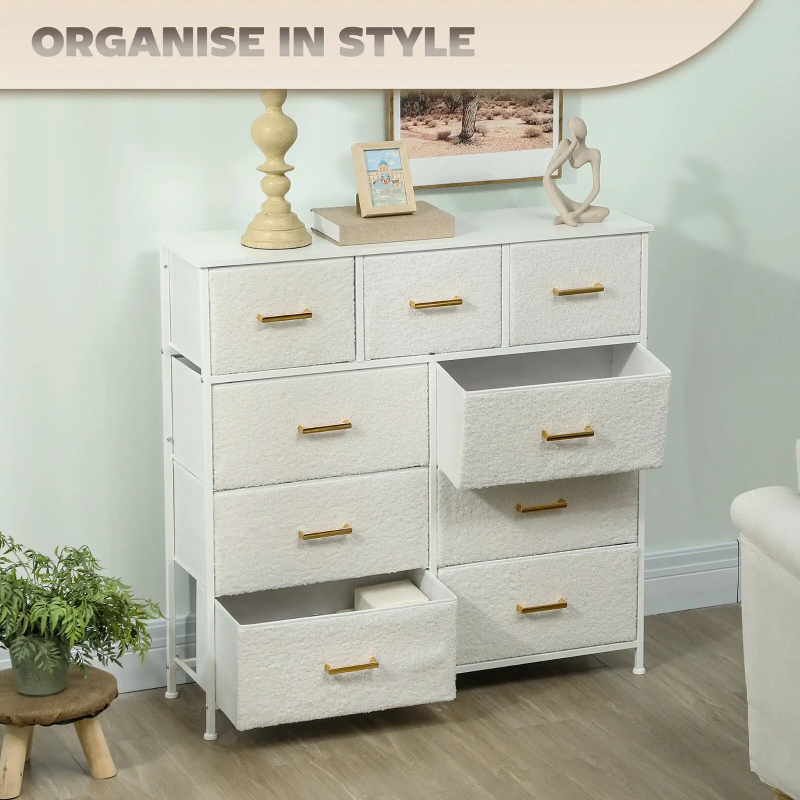 Chest of Drawers 9 Boucle Storage Powder - Coated Steel Frame Cream White - Home and Garden Furniture Shop - rustic - furniture