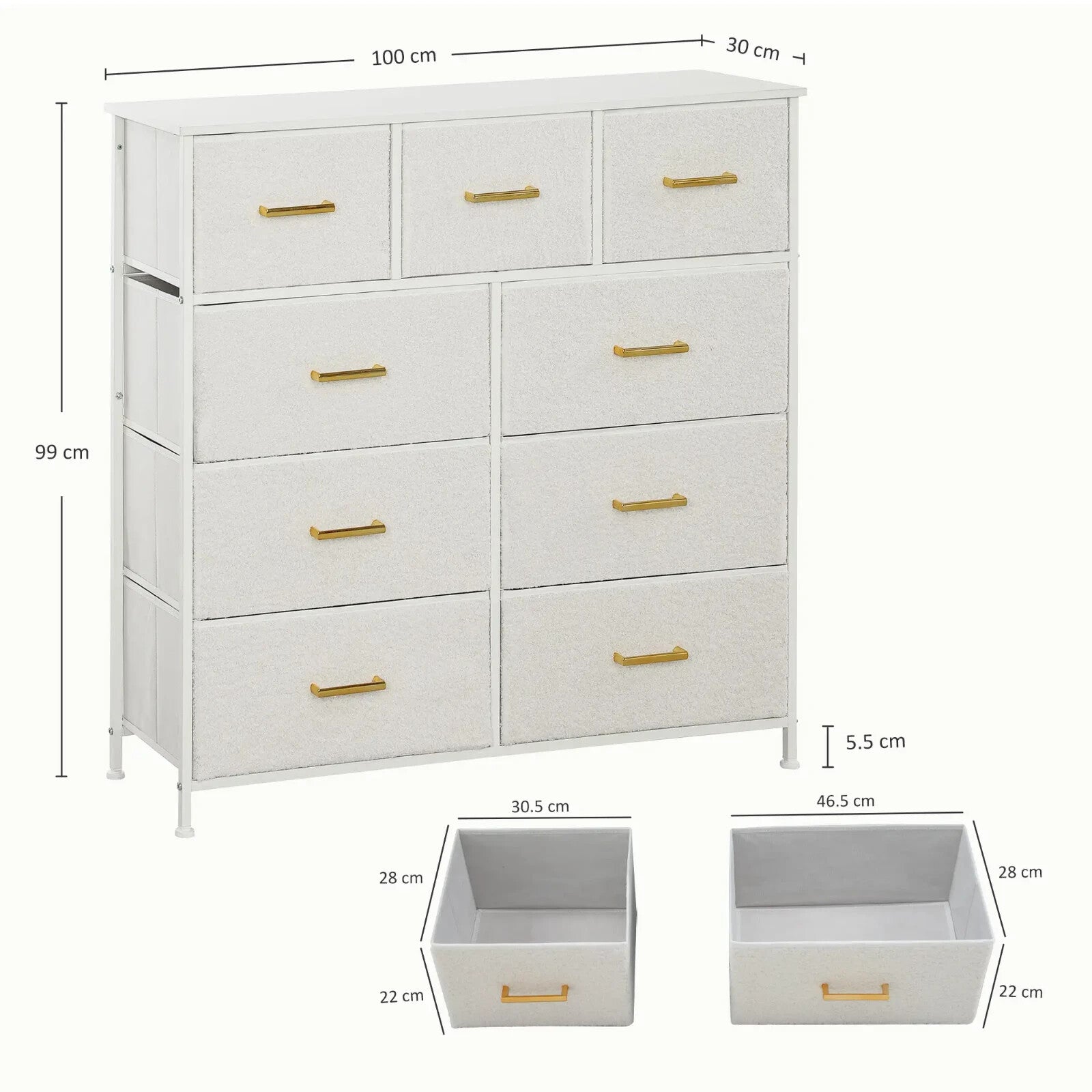 Chest of Drawers 9 Boucle Storage Powder - Coated Steel Frame Cream White - Home and Garden Furniture Shop - rustic - furniture