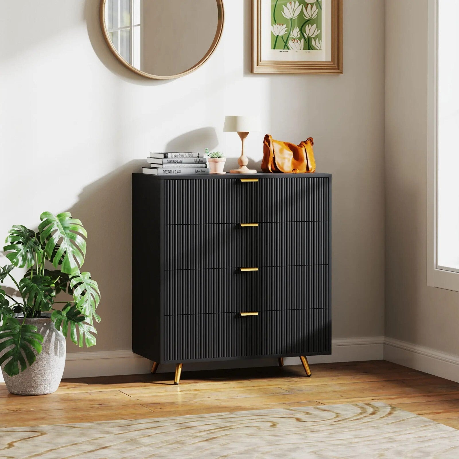 Chest of Drawers Black 4 Drawer Chest Drawers Bedroom Storage Art Deco Gold Legs - Home and Garden Furniture Shop - rustic - furniture