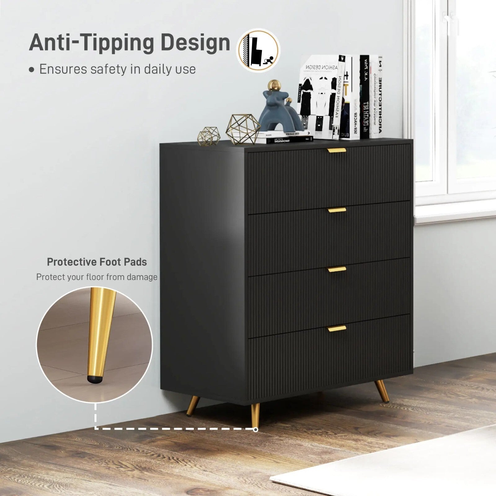 Chest of Drawers Black 4 Drawer Chest Drawers Bedroom Storage Art Deco Gold Legs - Home and Garden Furniture Shop - rustic - furniture