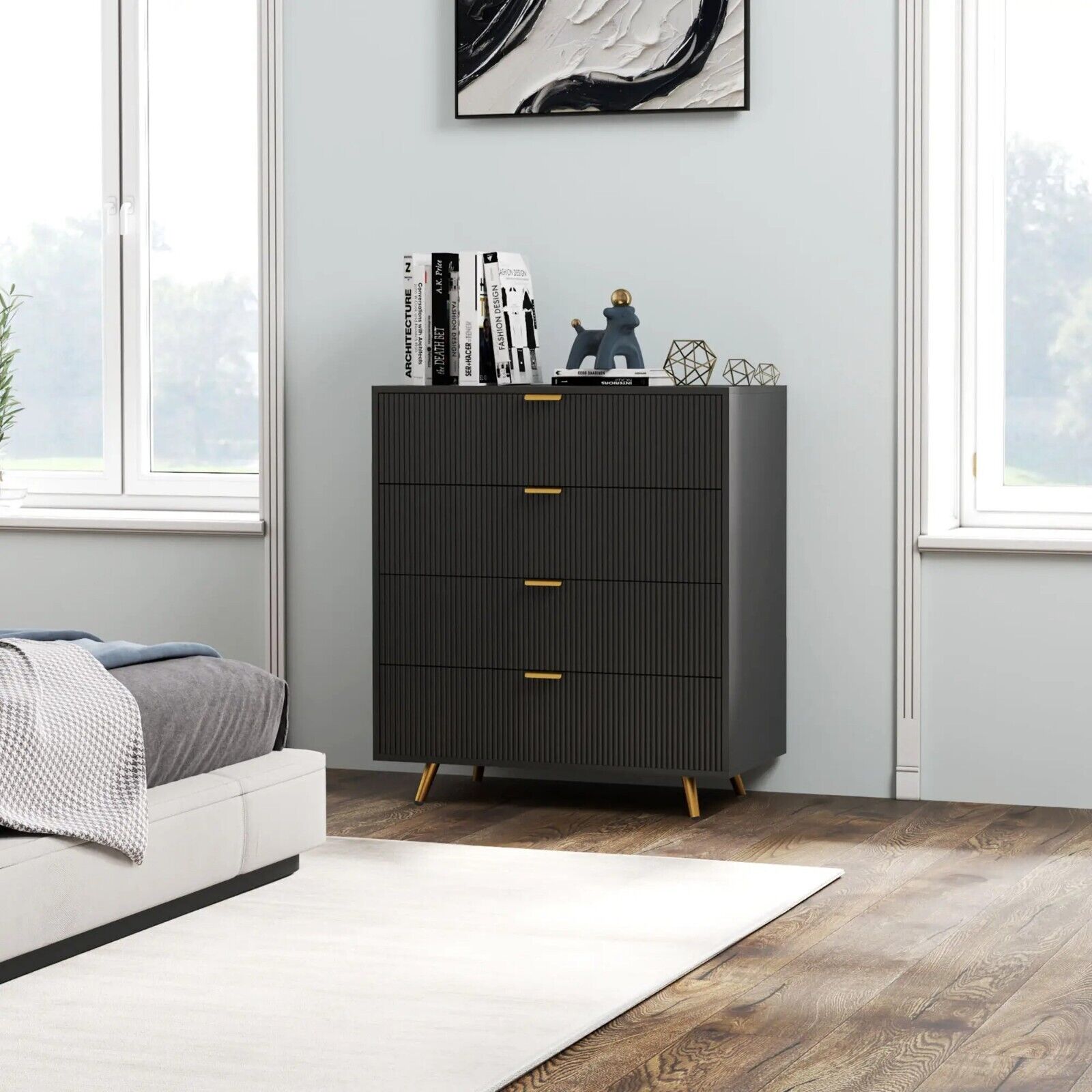 Chest of Drawers Black 4 Drawer Chest Drawers Bedroom Storage Art Deco Gold Legs - Home and Garden Furniture Shop - rustic - furniture