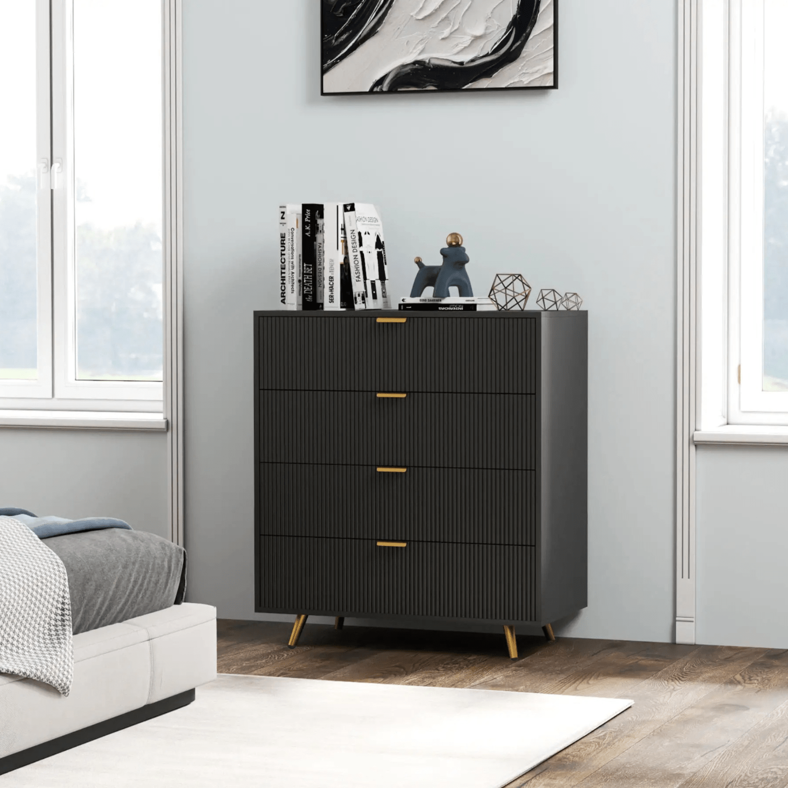 Chest of Drawers Black 4 Drawer Chest Drawers Bedroom Storage Art Deco Gold Legs - Home and Garden Furniture Shop - rustic - furniture