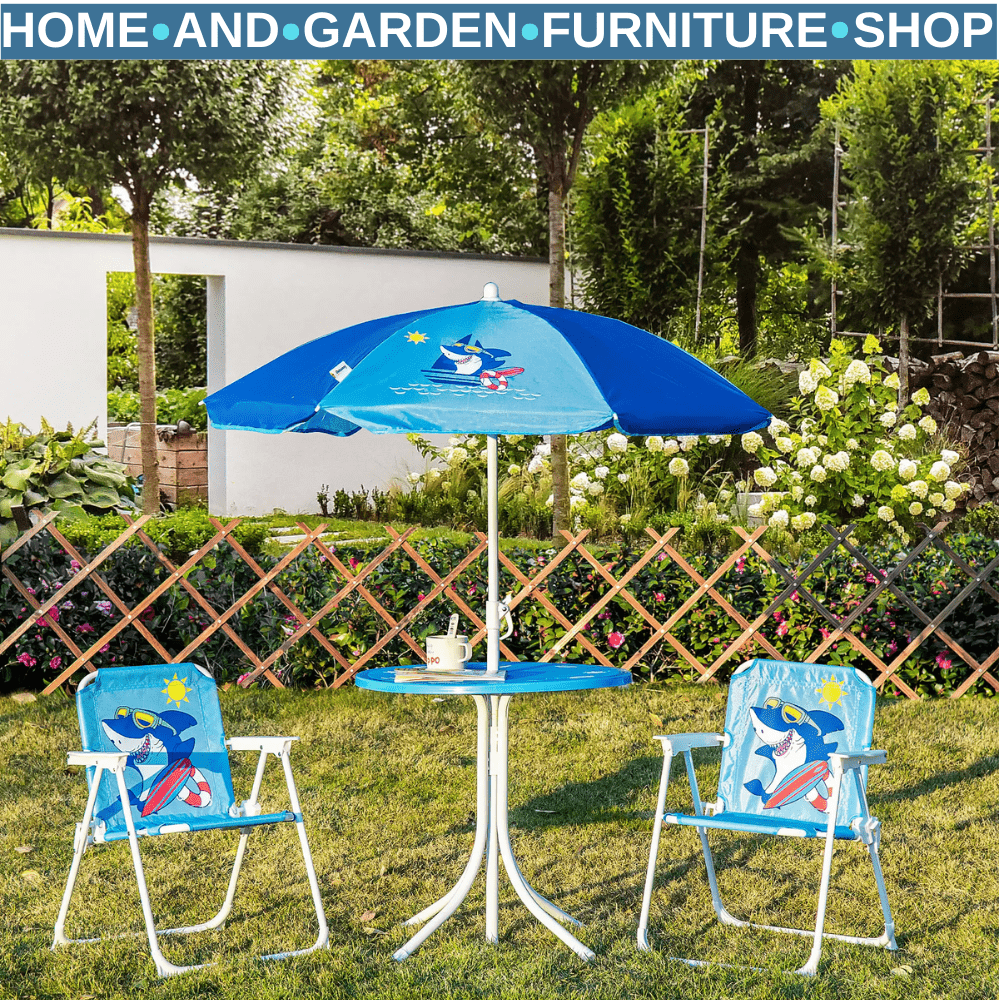 Children's 4 - Piece Foldable Garden Set with Table, Chairs, and Parasol Blue - Home and Garden Furniture Shop - rustic - furniture
