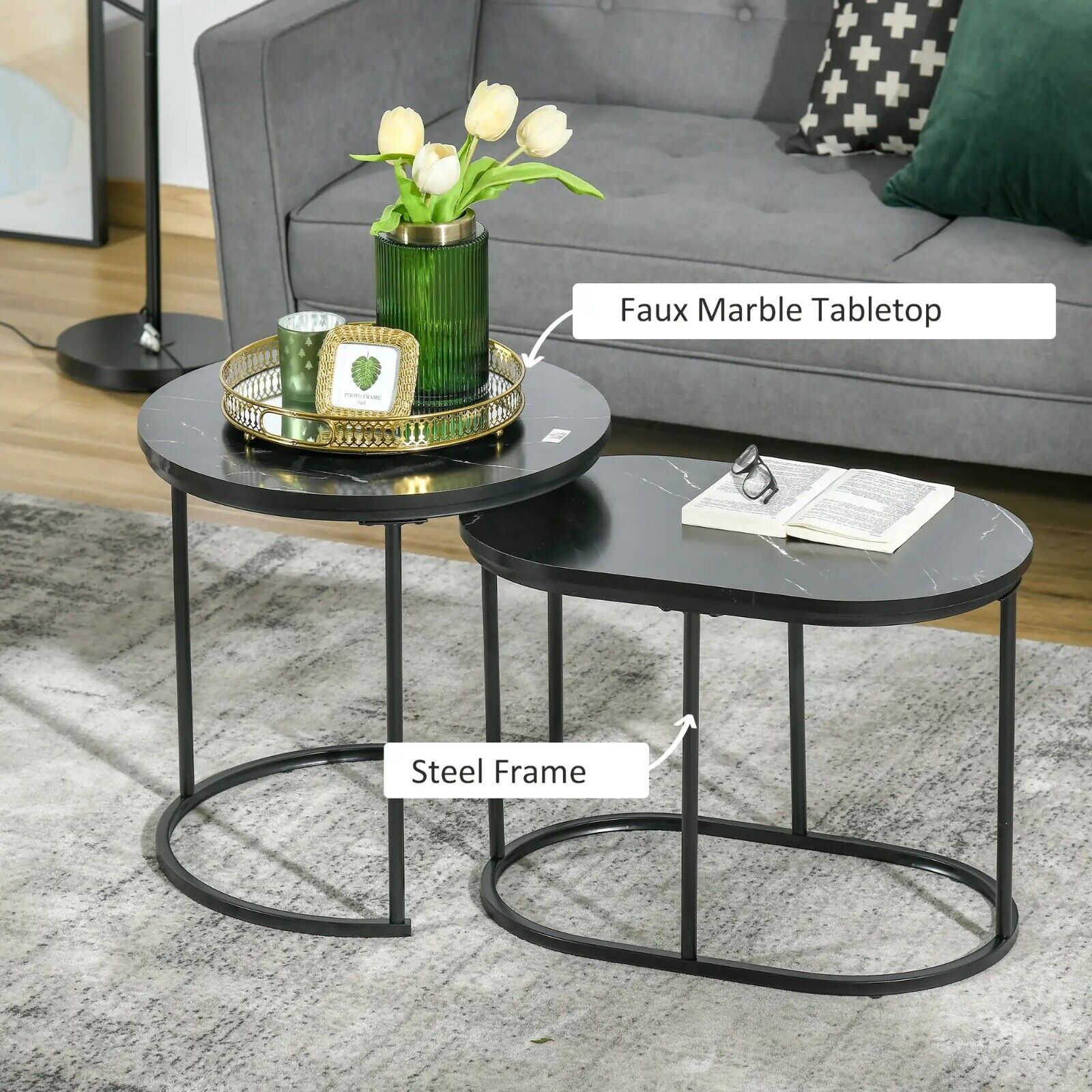 Coffee Table Set of 2 Modern Nest of Tables Faux Marble Top Set Black Metal Legs - Home and Garden Furniture Shop - #rustic - furniture#