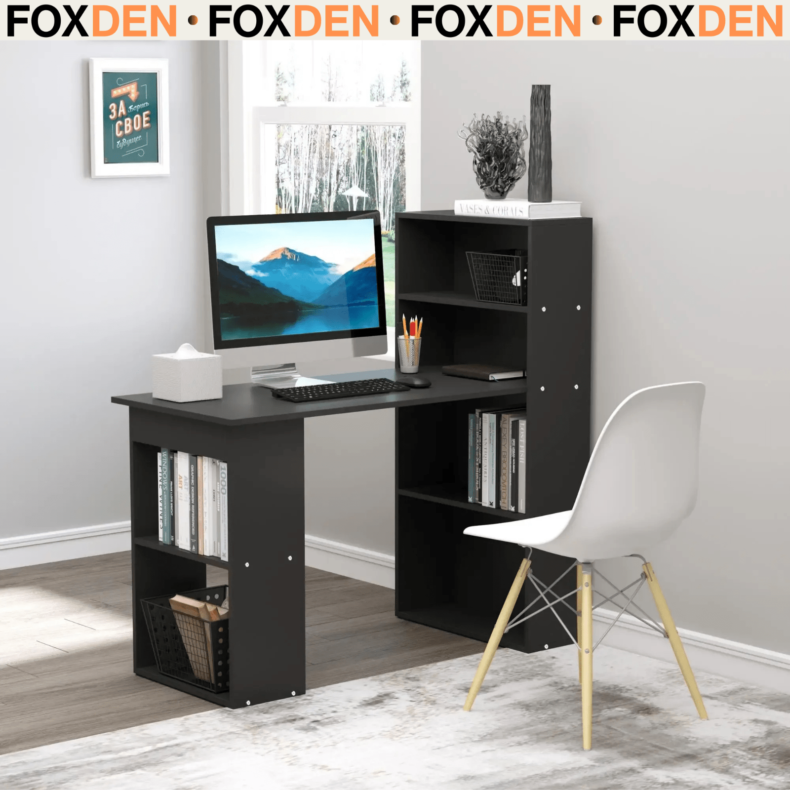 Computer Desk Wooden PC Laptop Table 120cm 6 Storage Shelves Writing Workstation - Home and Garden Furniture Shop - rustic - furniture