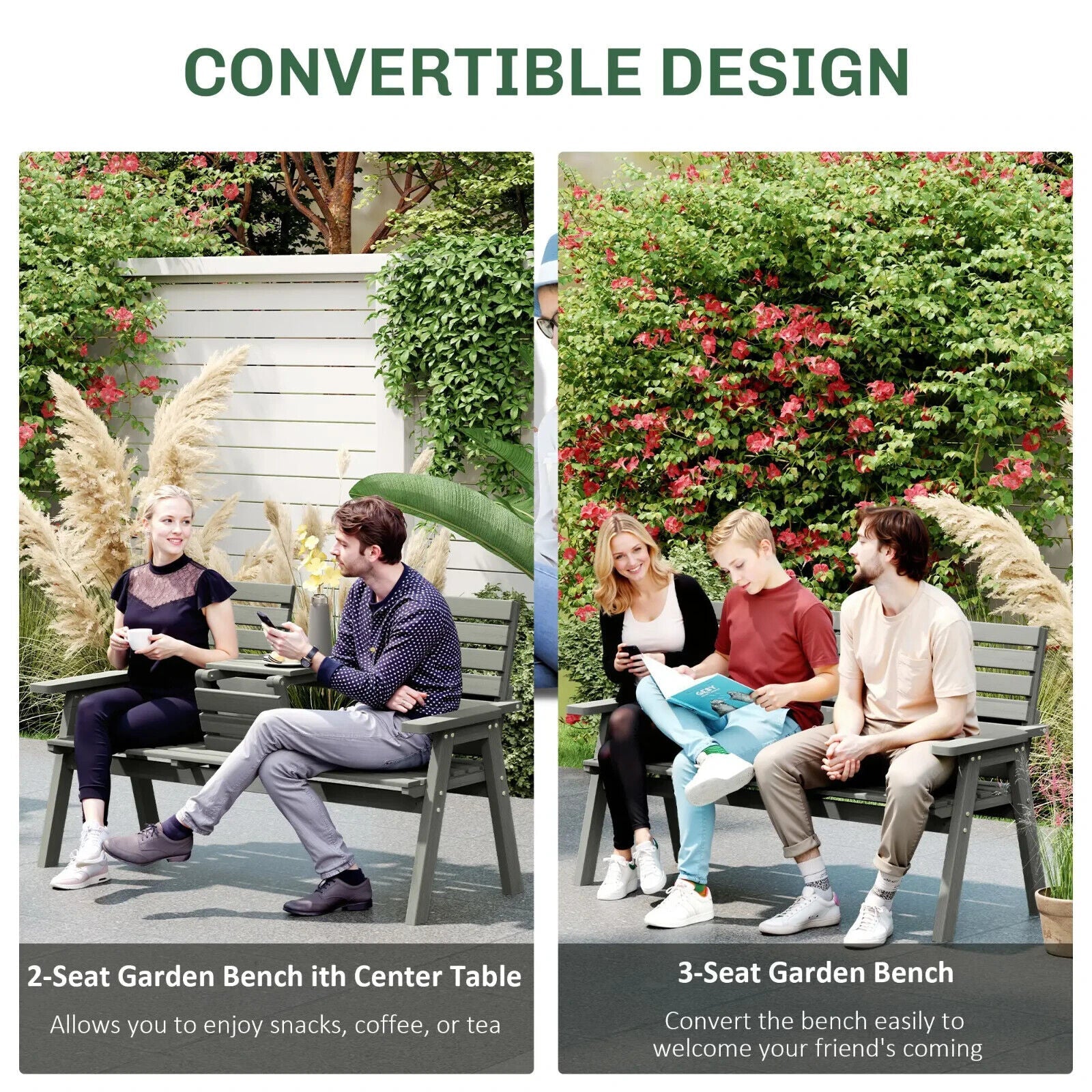 Convertible 2 to 3 Seater Wooden Outdoor Garden Bench for Patio or Backyard Grey - Home and Garden Furniture Shop - #rustic - furniture#