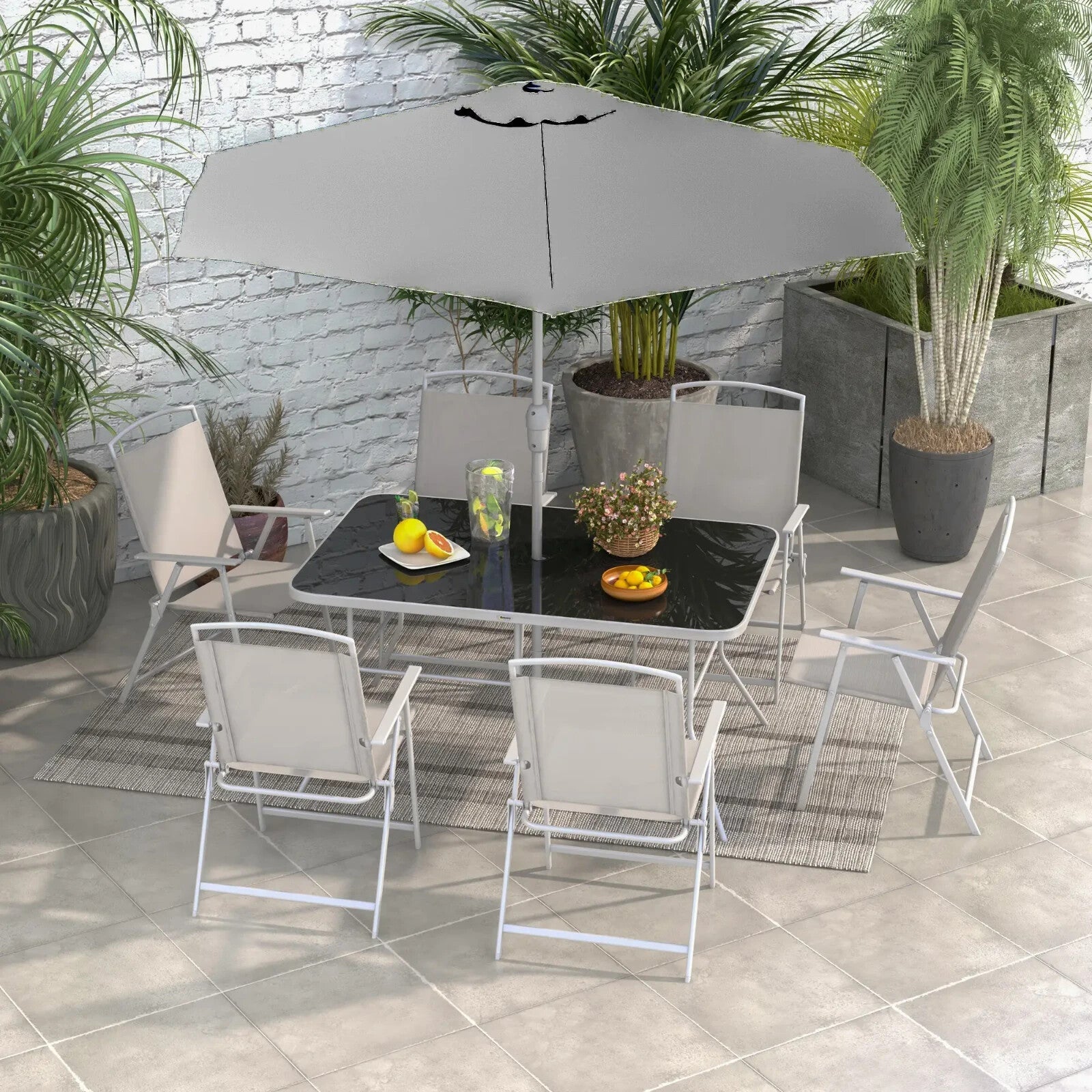 Dining Set 8 - Piece Powder Coated with Tempered Glass Top Table & Parasol Grey - Home and Garden Furniture Shop - rustic - furniture
