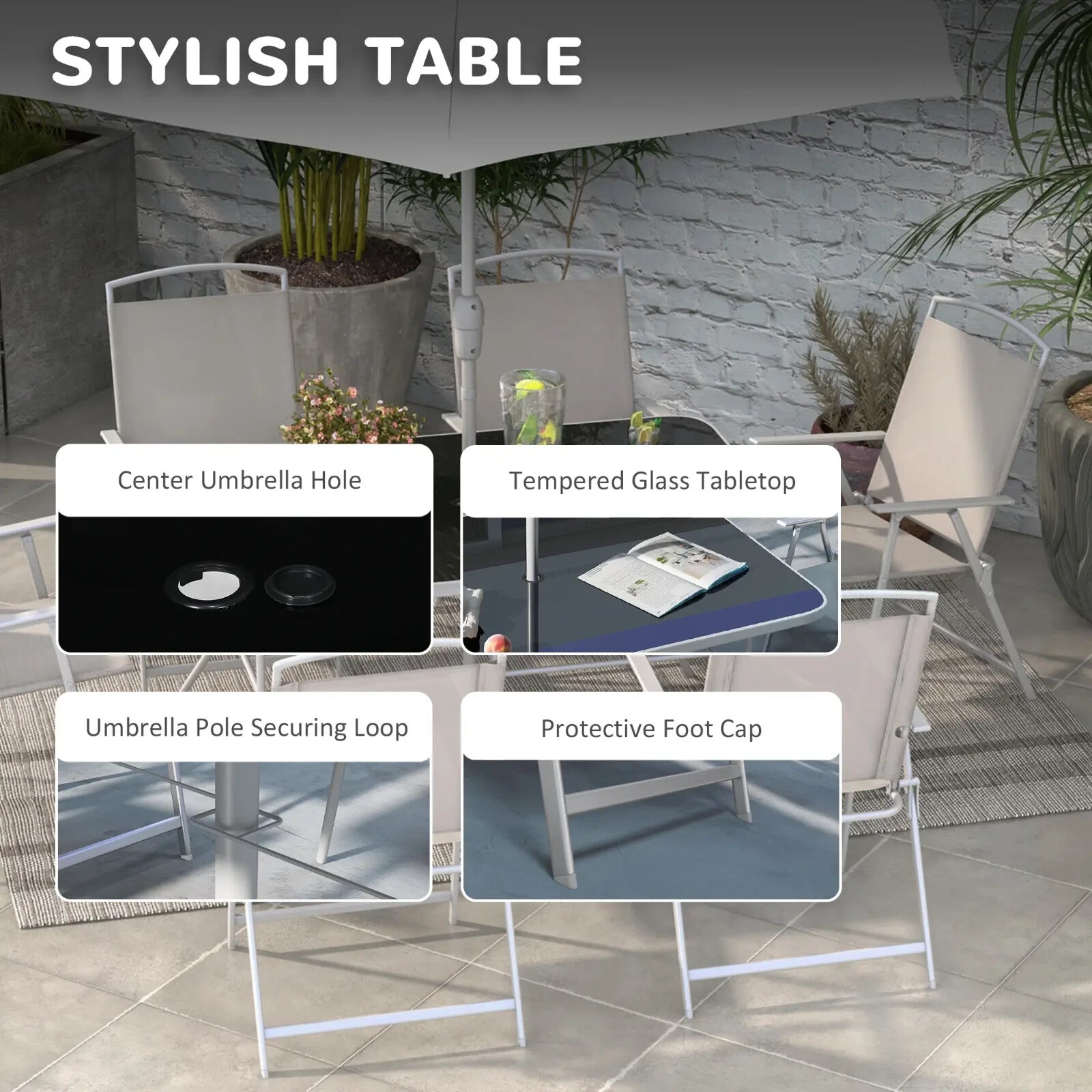 Dining Set 8 - Piece Powder Coated with Tempered Glass Top Table & Parasol Grey - Home and Garden Furniture Shop - rustic - furniture