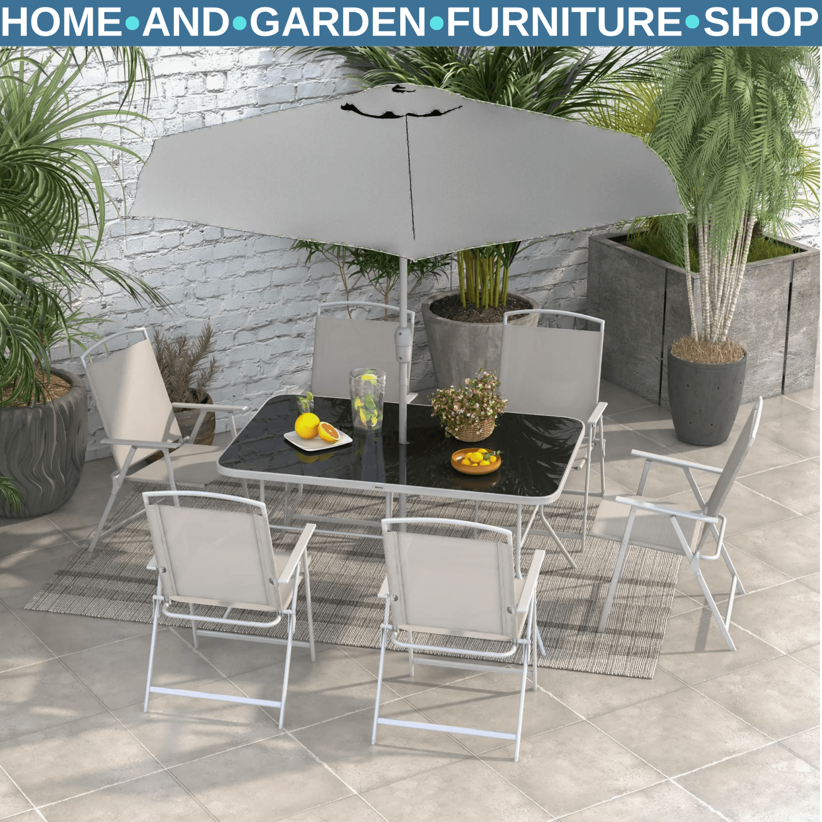 Dining Set 8 - Piece Powder Coated with Tempered Glass Top Table & Parasol Grey - Home and Garden Furniture Shop - rustic - furniture