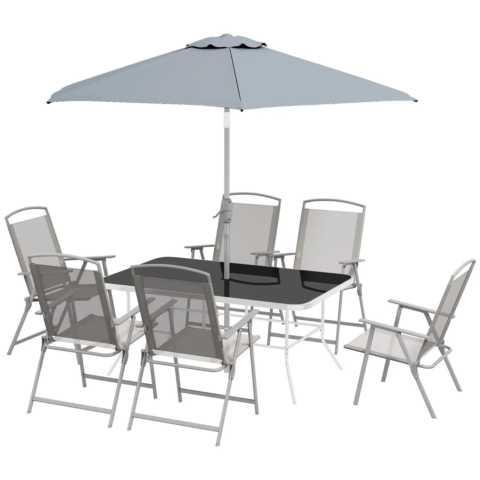 Dining Set 8 - Piece Powder Coated with Tempered Glass Top Table & Parasol Grey - Home and Garden Furniture Shop - rustic - furniture