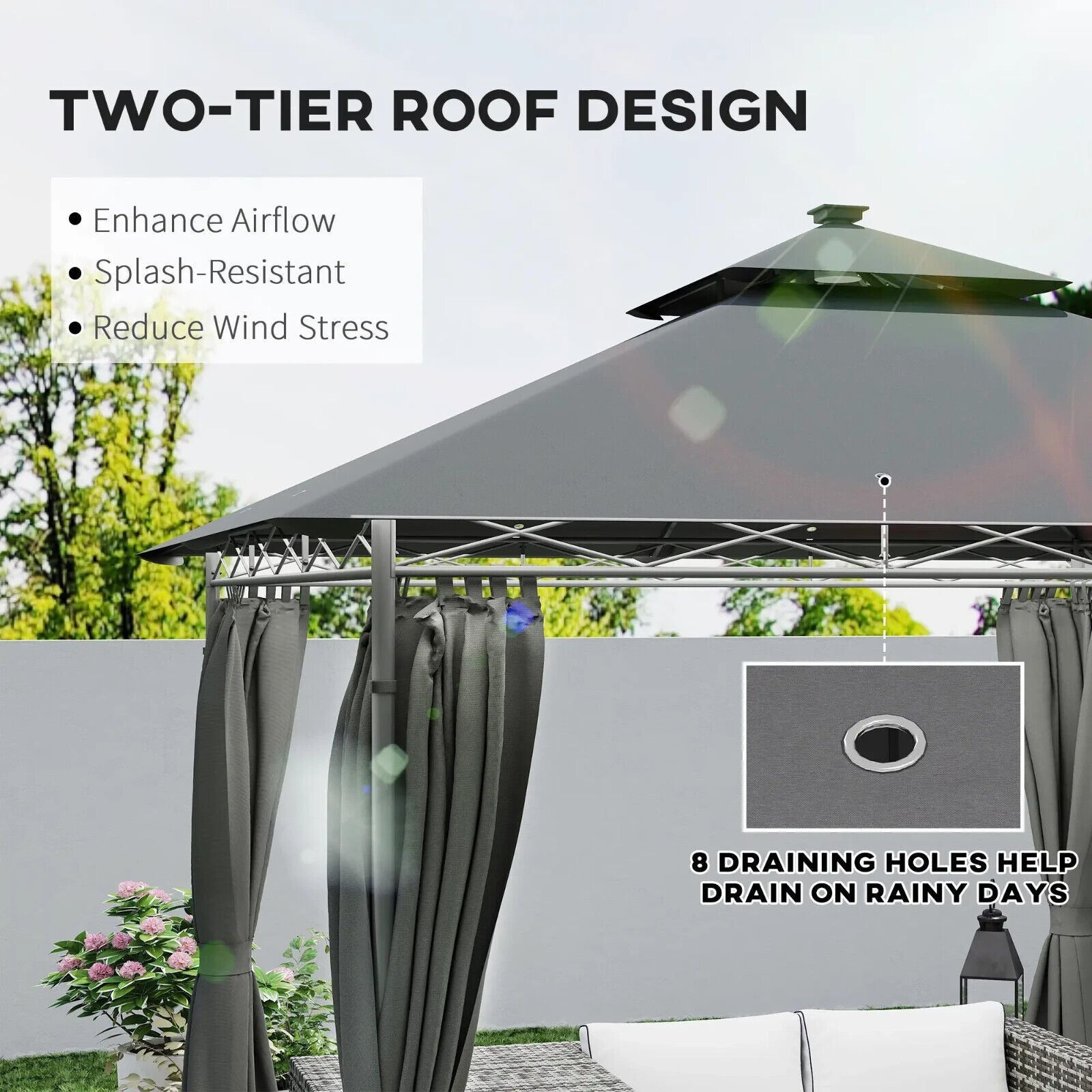 Double Roof Outdoor Gazebo with Curtains Sides 3 x 3m LED Metal Gazebo Dark Grey - Home and Garden Furniture Shop - #rustic - furniture#