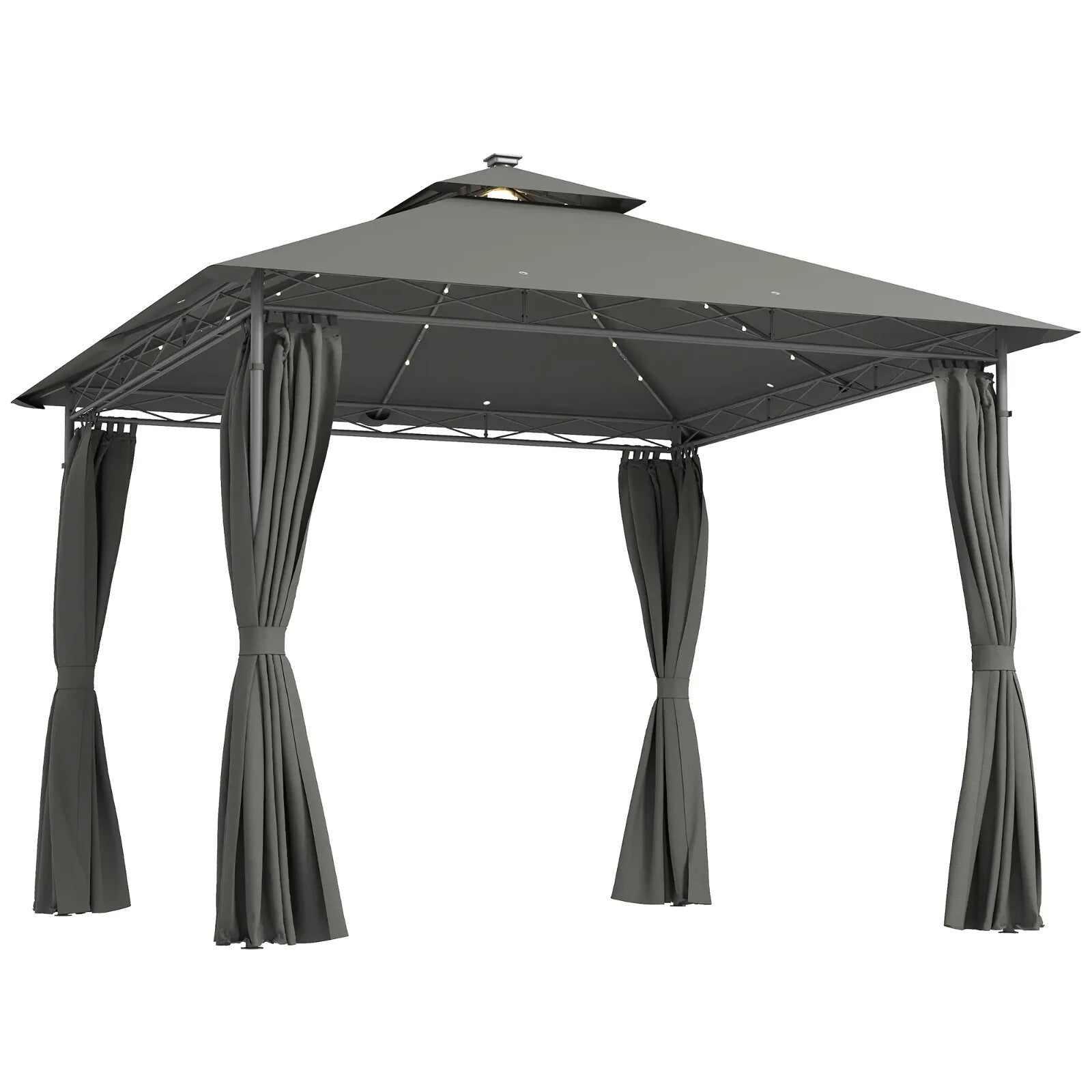 Double Roof Outdoor Gazebo with Curtains Sides 3 x 3m LED Metal Gazebo Dark Grey - Home and Garden Furniture Shop - rustic - furniture