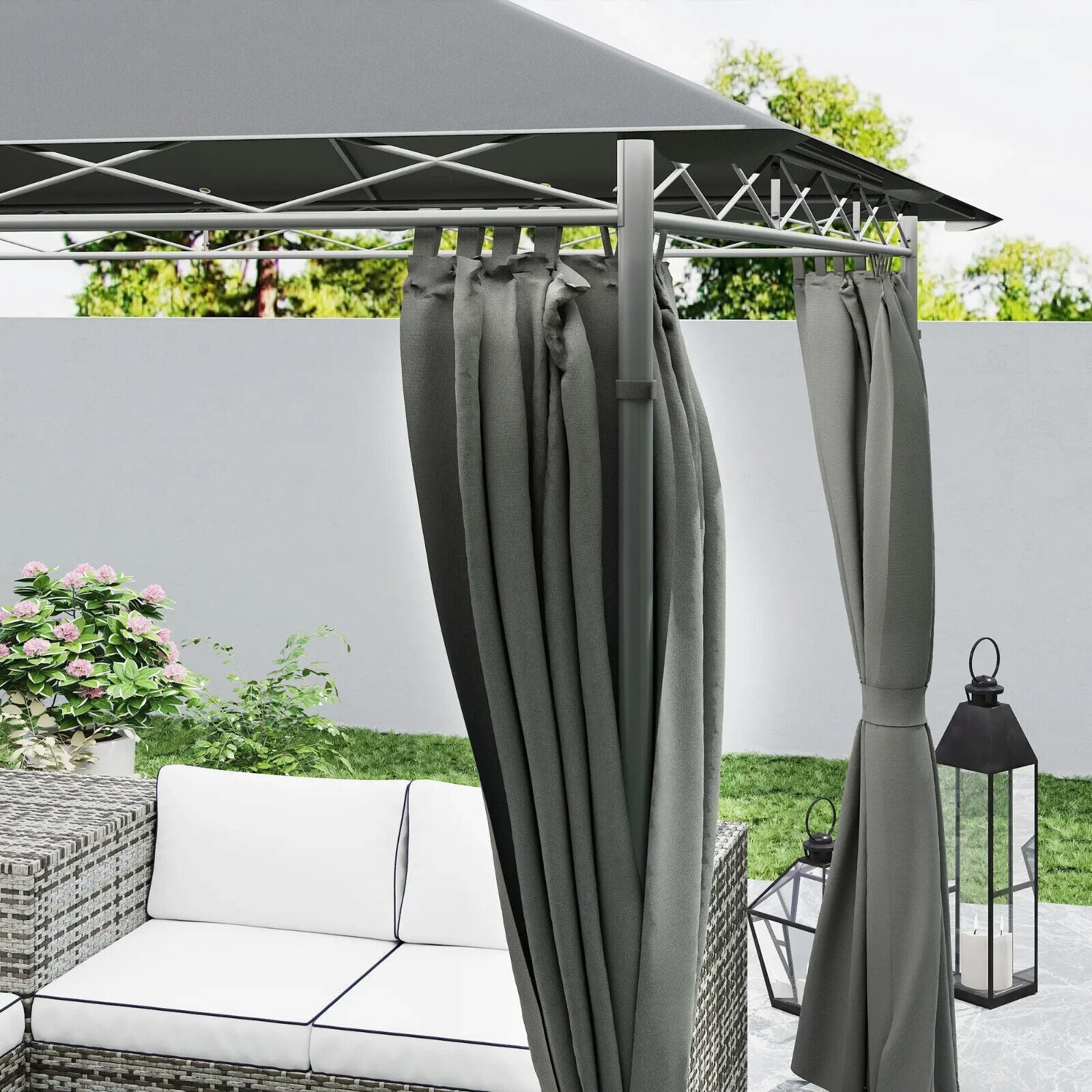 Double Roof Outdoor Gazebo with Curtains Sides 3 x 3m LED Metal Gazebo Dark Grey - Home and Garden Furniture Shop - #rustic - furniture#