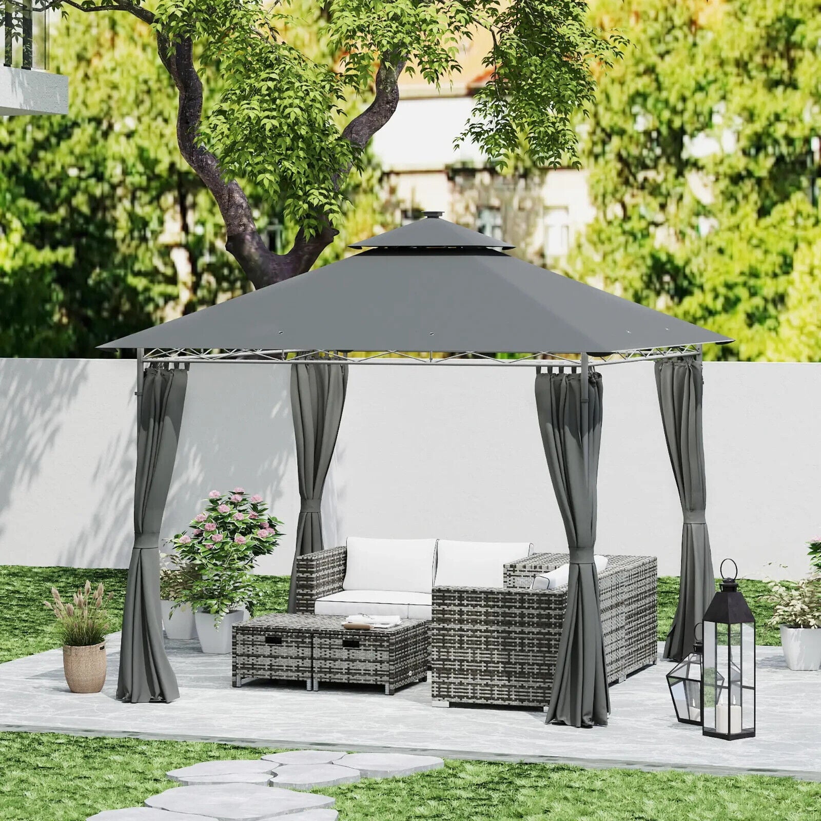 Double Roof Outdoor Gazebo with Curtains Sides 3 x 3m LED Metal Gazebo Dark Grey - Home and Garden Furniture Shop - #rustic - furniture#