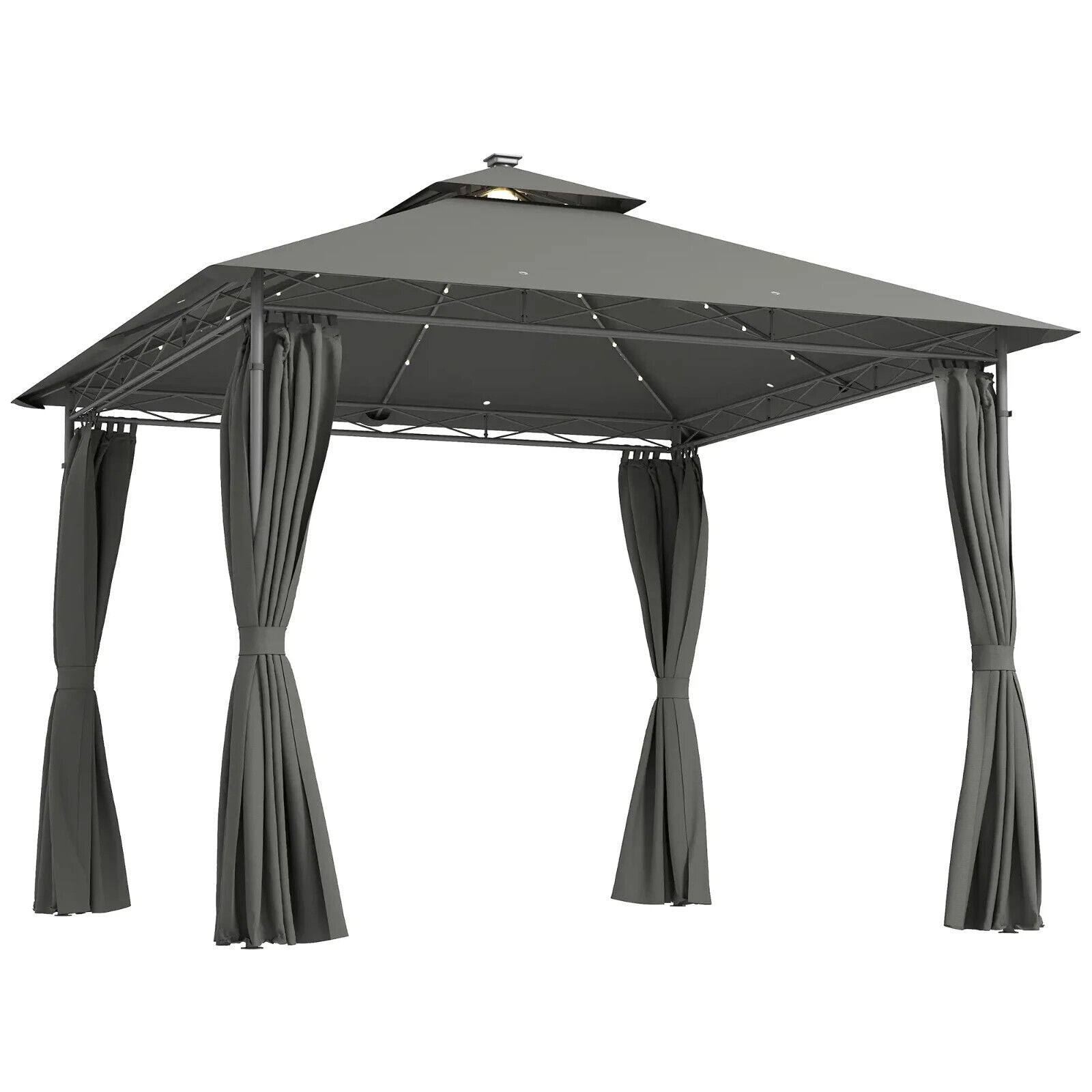 Double Roof Outdoor Gazebo with Curtains Sides 3 x 3m LED Metal Gazebo Dark Grey - Home and Garden Furniture Shop - #rustic - furniture#