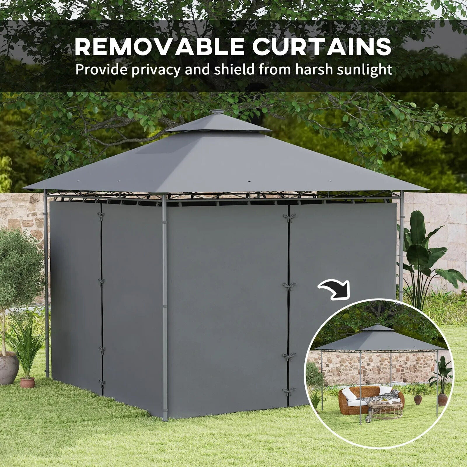 Double Roof Outdoor Gazebo with Curtains Sides 3 x 3m LED Metal Gazebo Dark Grey - Home and Garden Furniture Shop - #rustic - furniture#