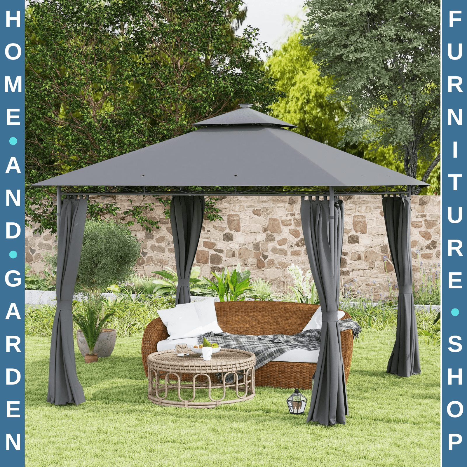 Double Roof Outdoor Gazebo with Curtains Sides 3 x 3m LED Metal Gazebo Dark Grey - Home and Garden Furniture Shop - #rustic - furniture#
