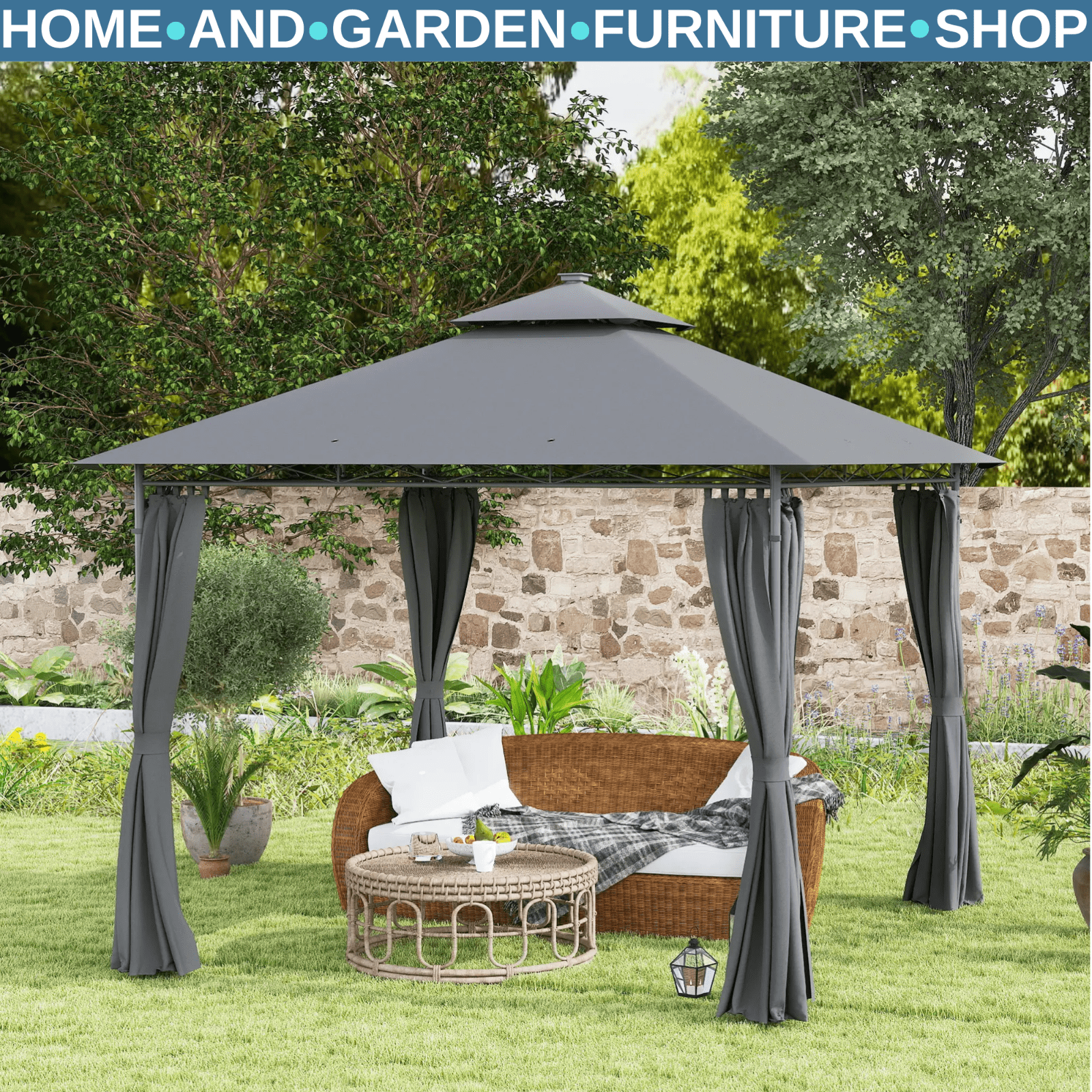 Double Roof Outdoor Gazebo with Curtains Sides 3 x 3m LED Metal Gazebo Dark Grey - Home and Garden Furniture Shop - #rustic - furniture#