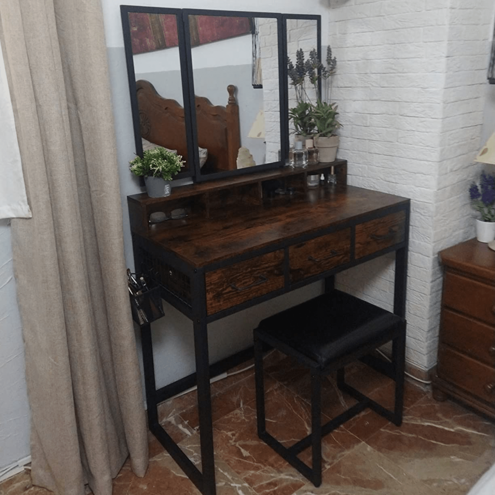 Dressing Table with Mirror and Stool Vanity Table Mirror Makeup Desk 3 Drawers - Home and Garden Furniture Shop - rustic - furniture